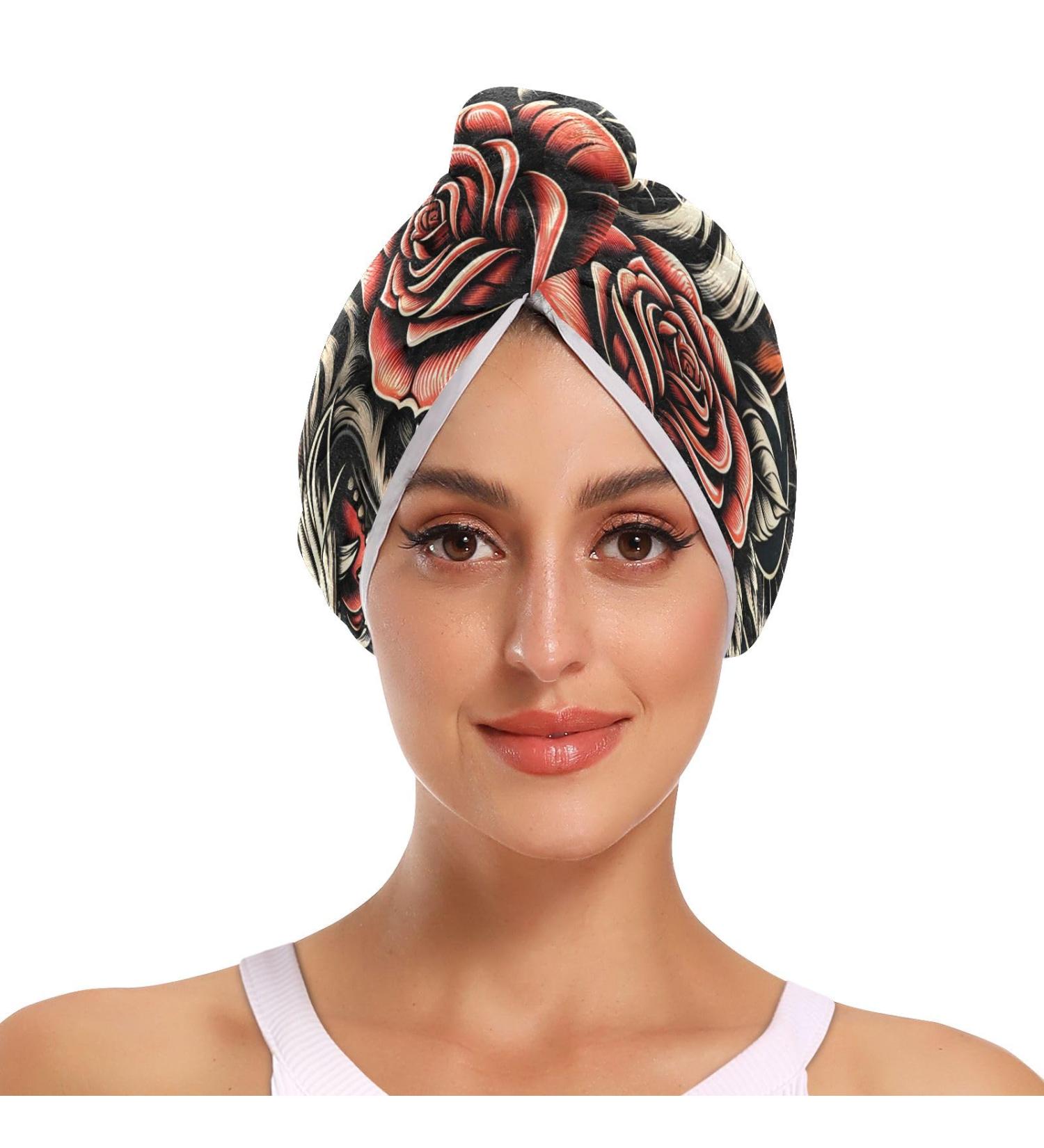 Super Absorbent Head Tiger Snake Red Rose Hair Towel 2 Pack - Quick Dry Hair Turbans with Button Wrap for Women & Girls | International Shipping Available - Buy Online on GoSupps.com