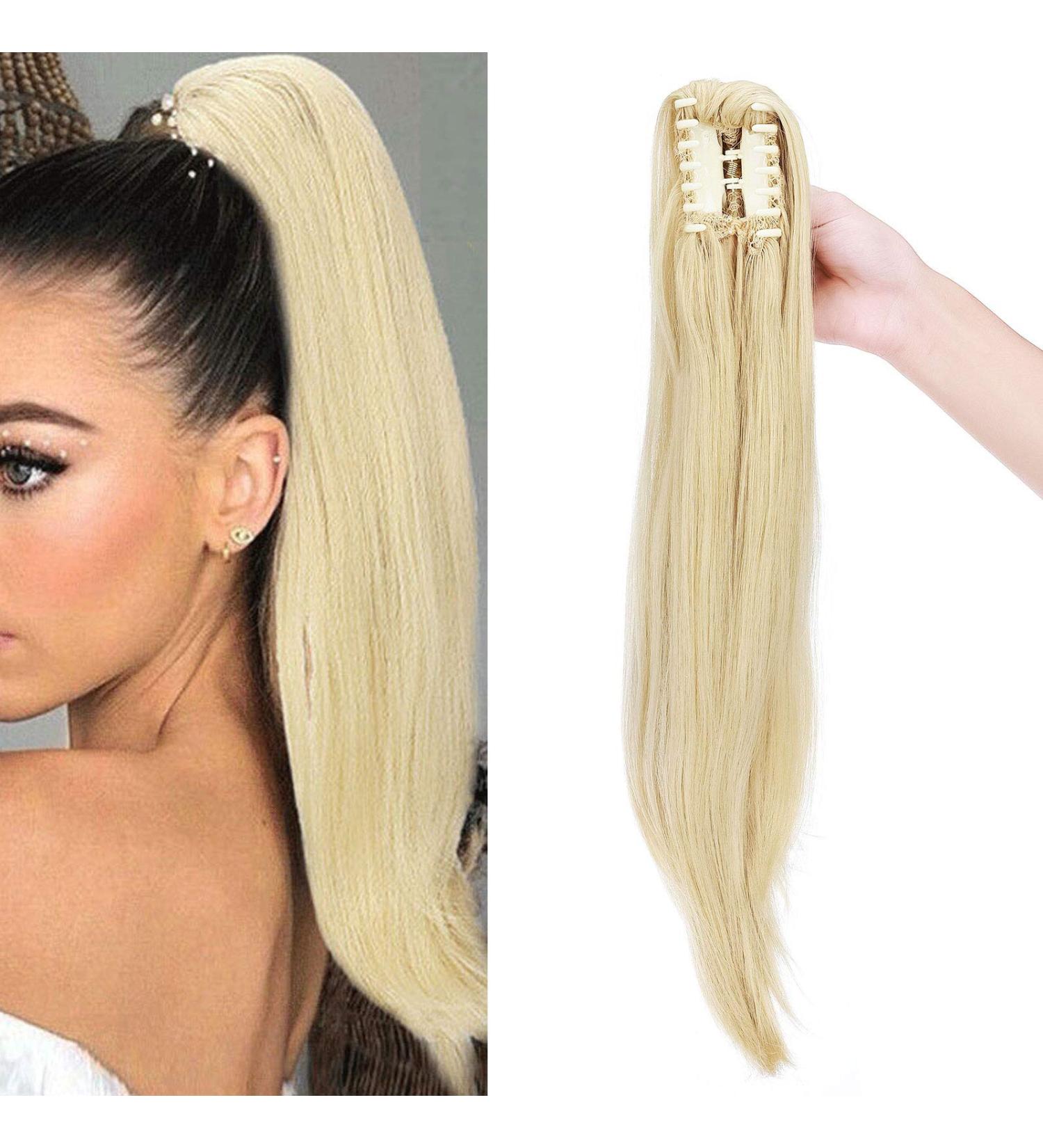 Curly Clip-In Ponytail Extensions - 55 cm Wavy Synthetic Hair for Women | Golden Mix Bleached Blonde Braid - Buy Online on GoSupps.com