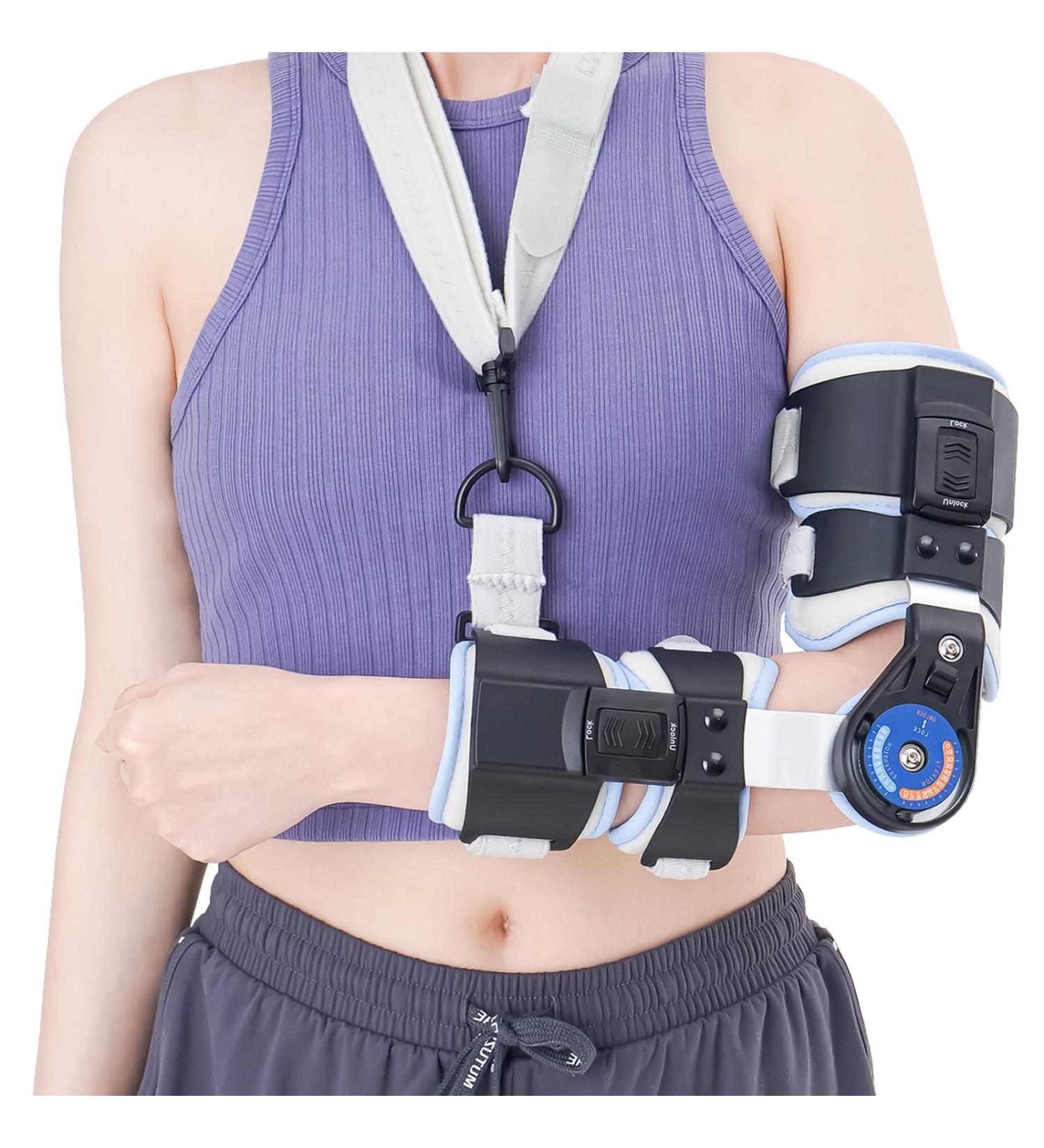 RISURRY Hinged Elbow Brace with Shoulder Sling | Adjustable Post OP Stabilizer Splint for Arm Injury Recovery (Left Arm) - Universal Fit - Buy Online on GoSupps.com