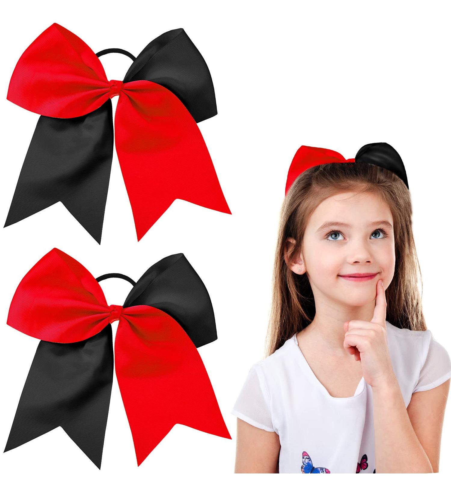 Jumbo Cheerleading Bow Set - 8 Inch Red & Black Hair Bows for Teen Girls | Large Cheer Bow with Ponytail Holder - Buy Online on GoSupps.com