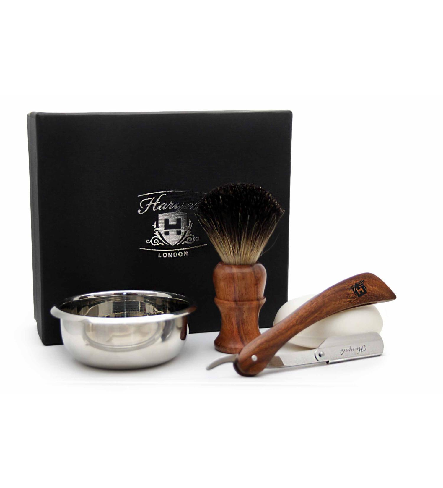4 Pieces Men's Wooden Shaving Set Includes Pure Black Badger Hair Four Different Style of Hockey Razor (No Blades Included) to Choose Soap and Bowl Perfect Set for Men