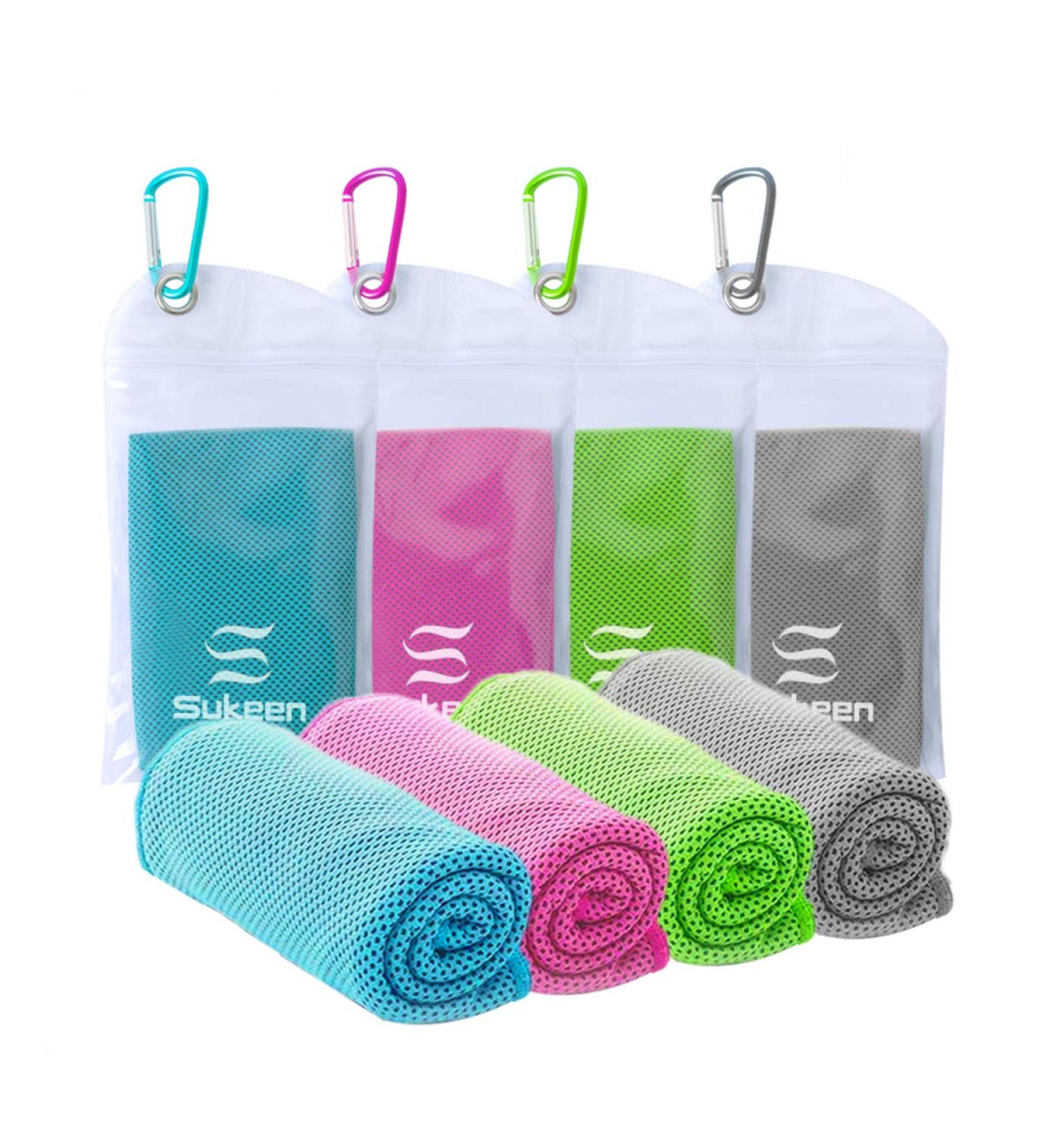 Sukeen 4 Pack Cooling Towel Set - 40x12 Inch Microfiber Towels for Yoga, Sport, Gym - Ice Towel for Workout, Running, Camping - Breathable & Soft - Grey/Green/Pink/Lake Blue - Buy Online on GoSupps.com