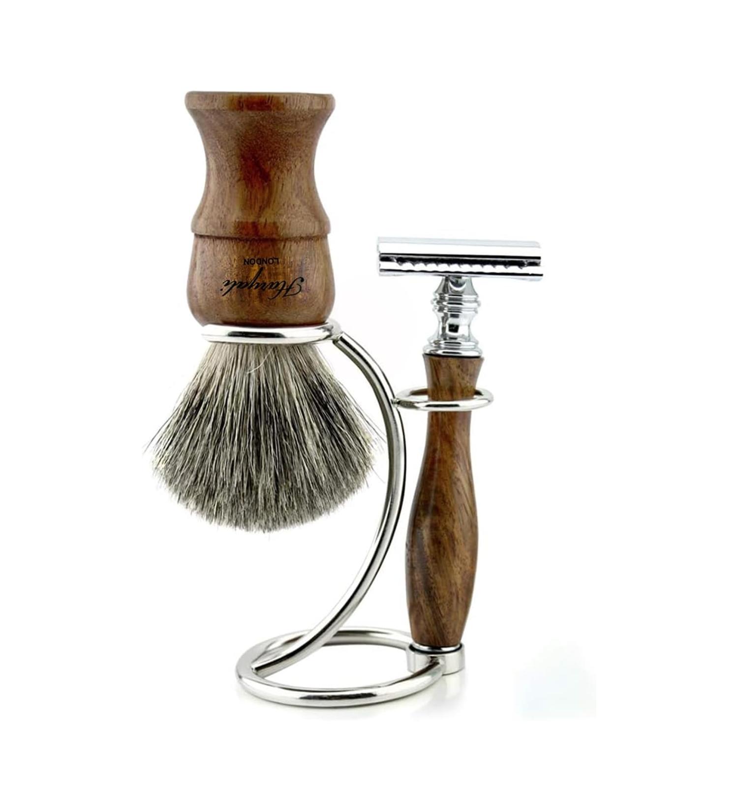 Haryali London Luxurious Men's Razor Set Premium Wood Double Razor Planer Roof Hair Brush & Curved Stand | Perfect Christmas Gift for Men - Buy Online on GoSupps.com
