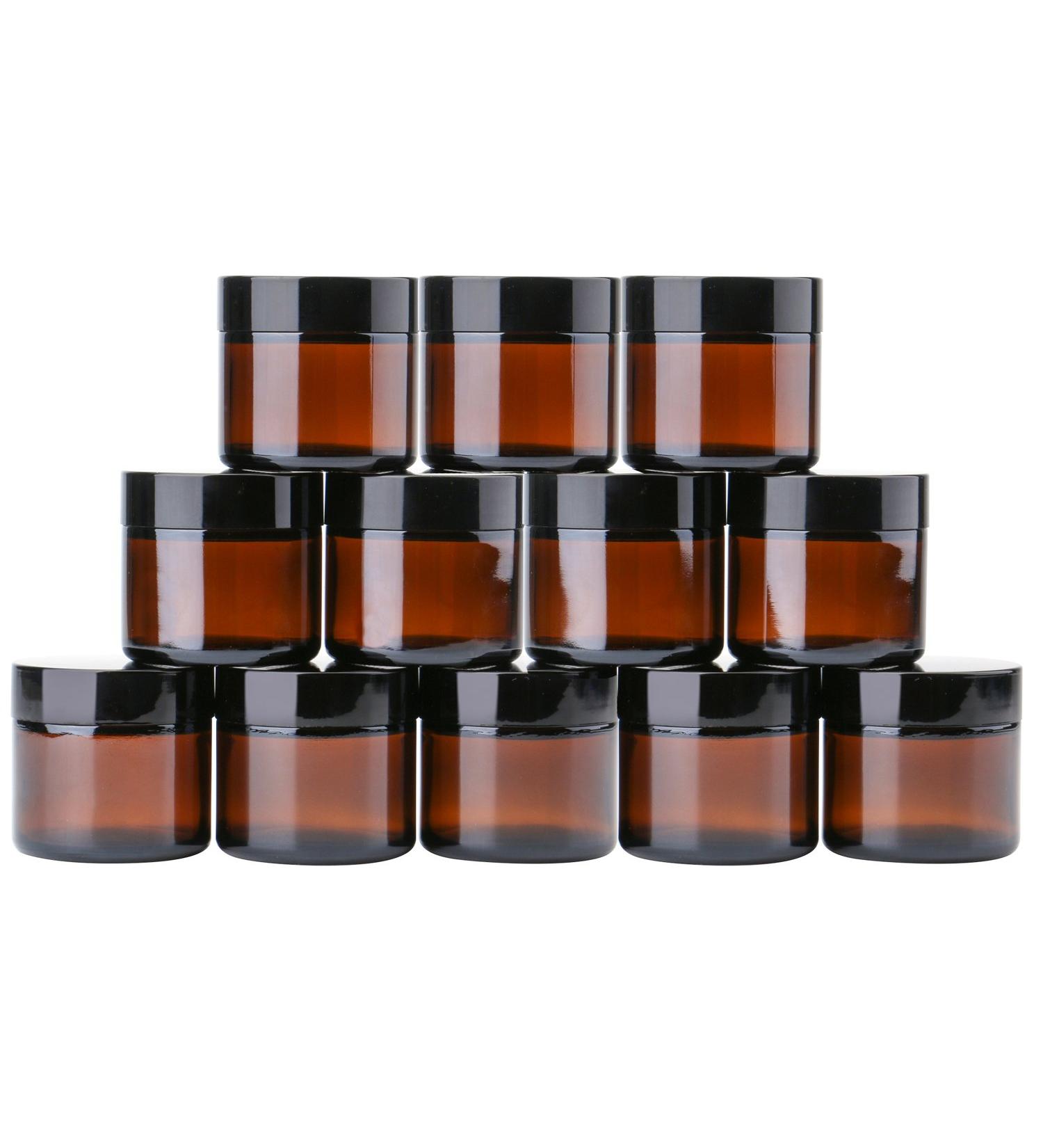THETIS Homes 2 oz Round Glass Jars (12 Pack) - Amber Cosmetic Containers with Inner Liners, Black Lids, Labels - 12 Count - Buy Online on GoSupps.com