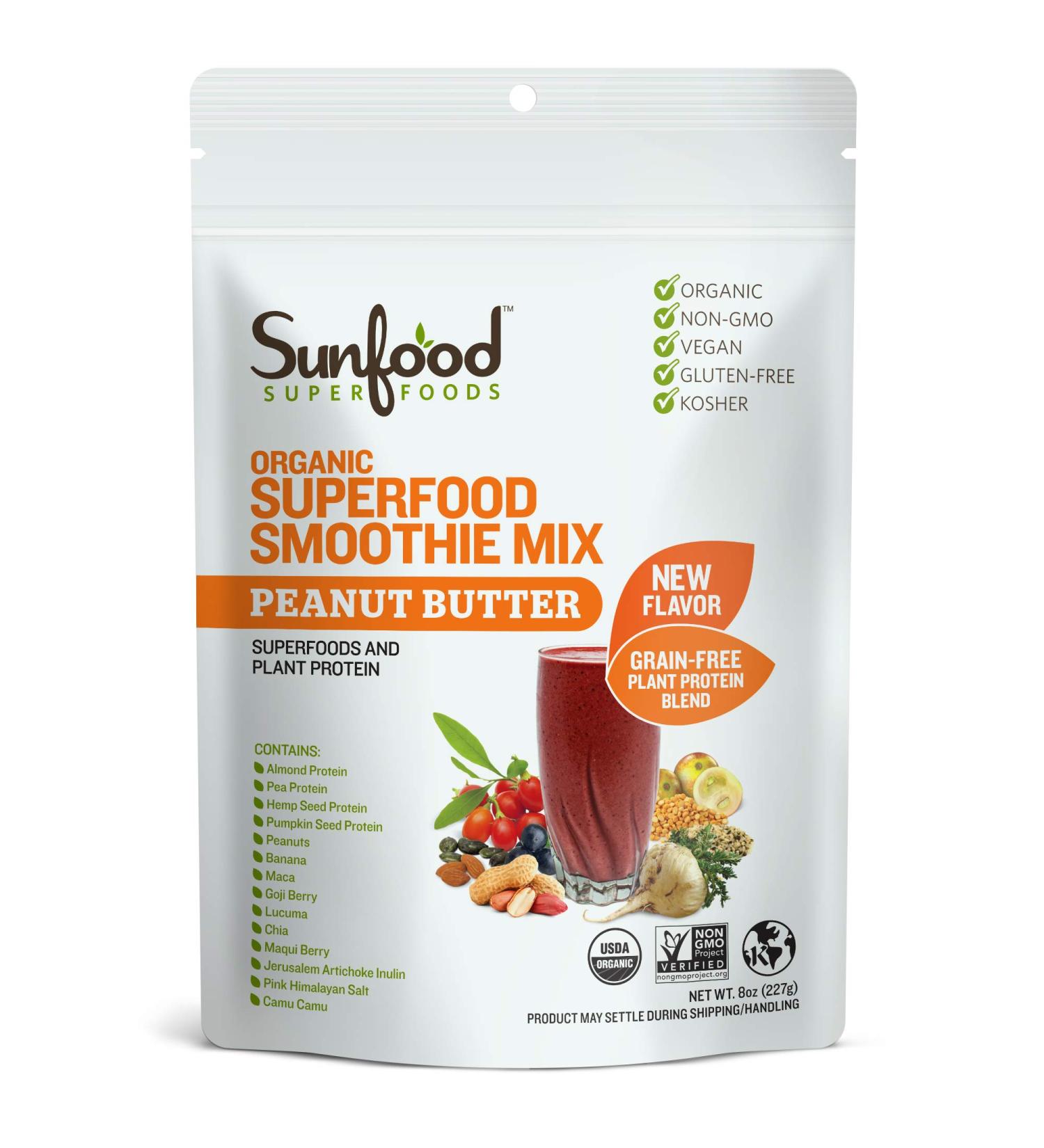 Sunfood Organic Peanut Butter Superfood Smoothie Mix 8 oz - Nutrient-Rich Blend - Buy Online on GoSupps.com