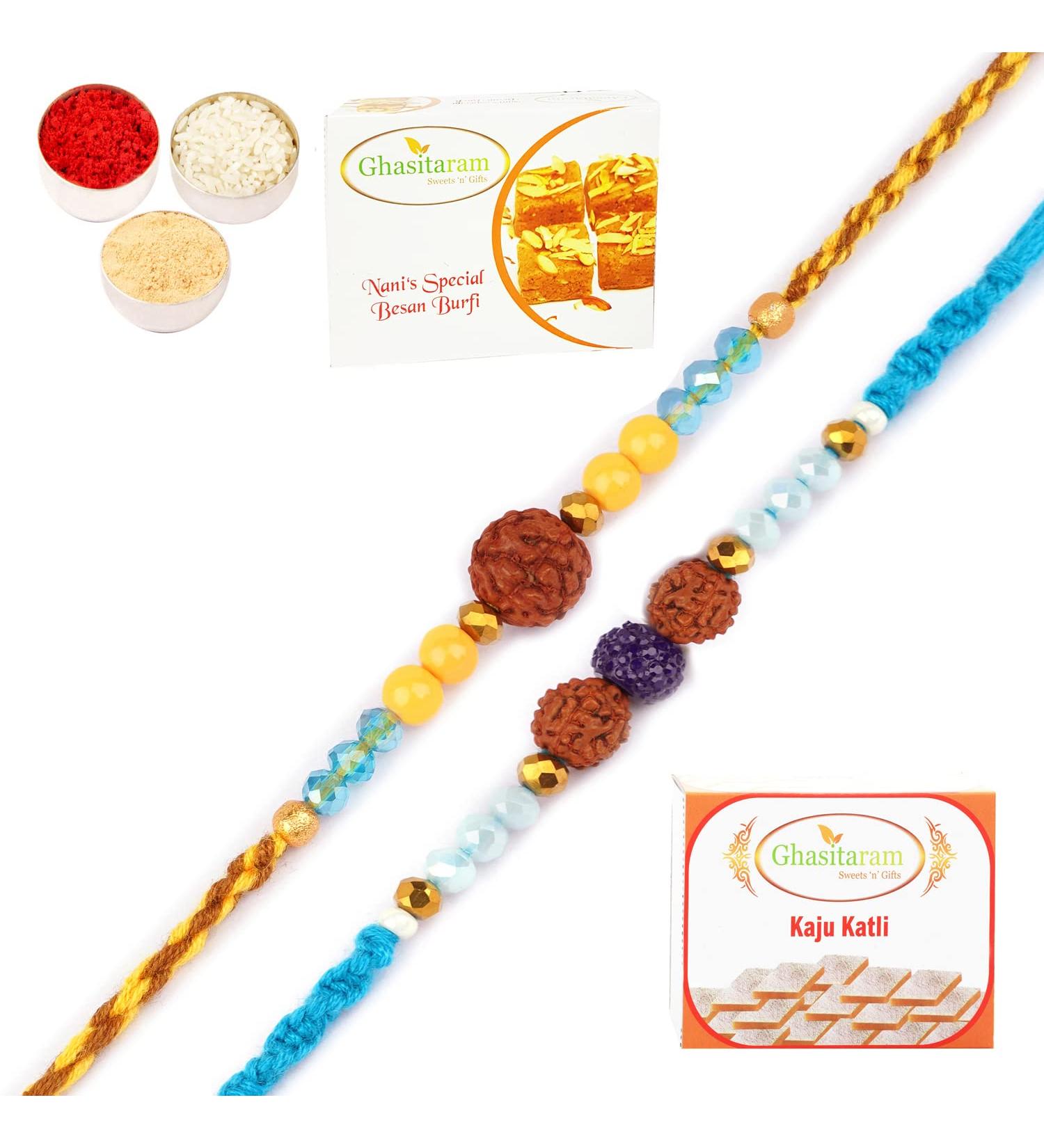 Ghasitaram Gifts Rakhi for Brother Rakhis Online - Set of 2-1906 and 1907 Rudraksh Rakhis with 200 GMS of Besan Barfi and 200 GMS of Kaju Katli - Buy Online on GoSupps.com