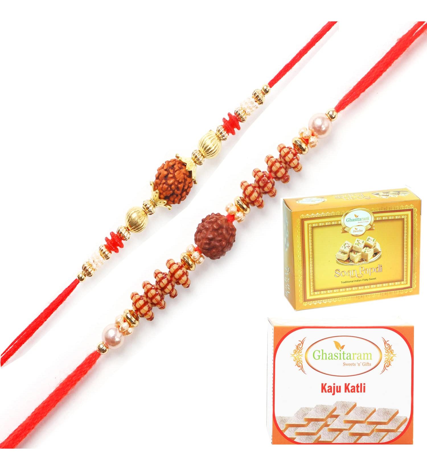 Ghasitaram Gifts Rakhi for Brother Rakhis Online - Set of 2 6142 6176 Rudraksh Rakhis with 200 GMS of Kaju katli and 200 GMS of Soan Papdi - Buy Online on GoSupps.com