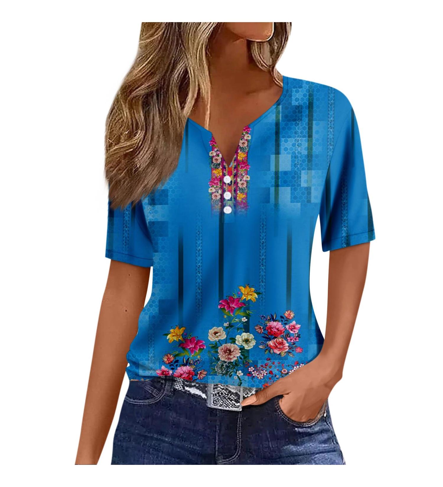 Buy Women's Oversized V-Neck Polo Shirts - Casual Printed Short Sleeve Top | Trendy Button Down T-Shirt in Blue Large - International Shipping Available - Buy Online on GoSupps.com