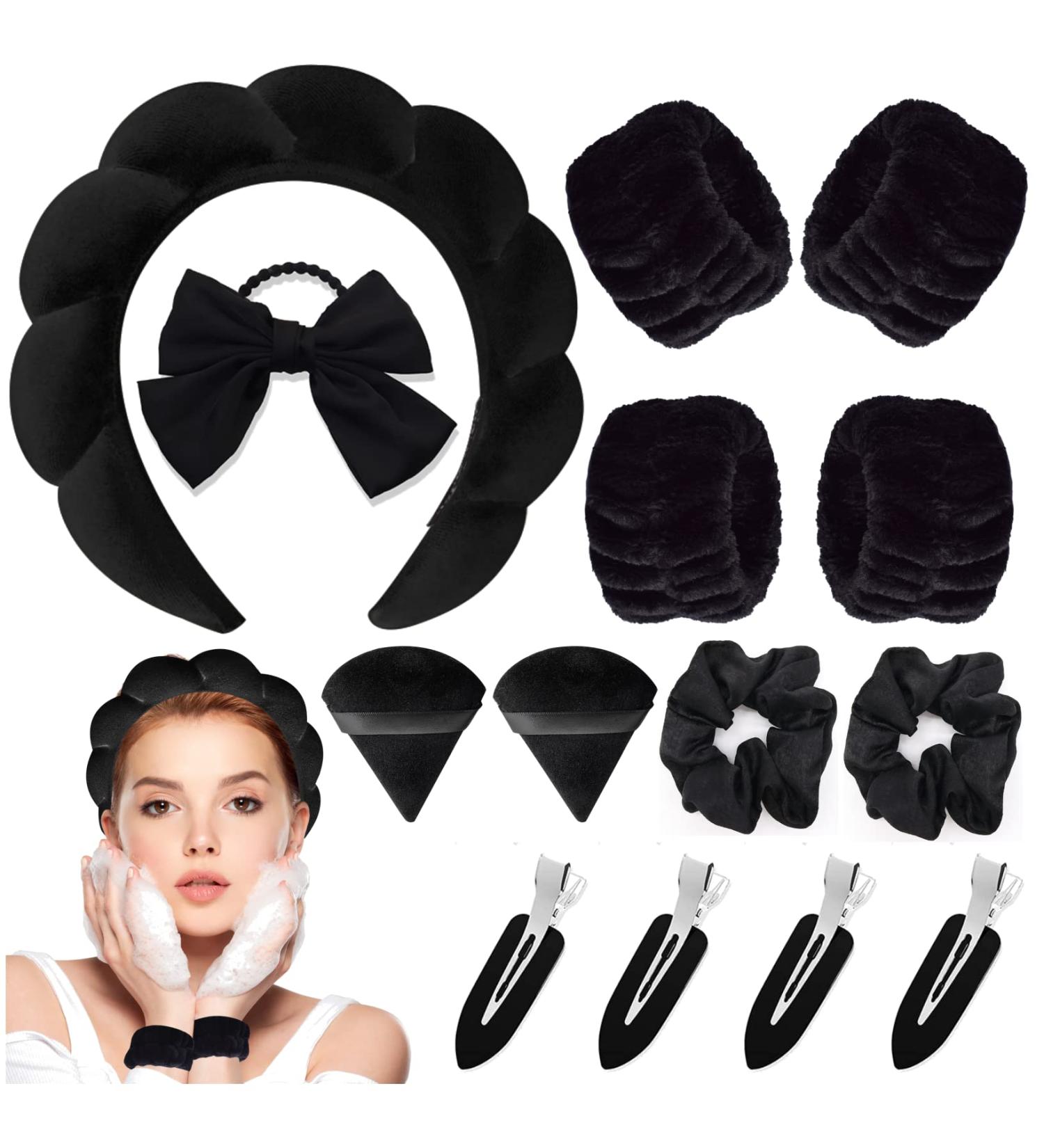 DOMUUH 14-Piece Black Spa Wristband Headband Set for Face Washing, Makeup, Skincare - Hair Accessories Included - Buy Online on GoSupps.com