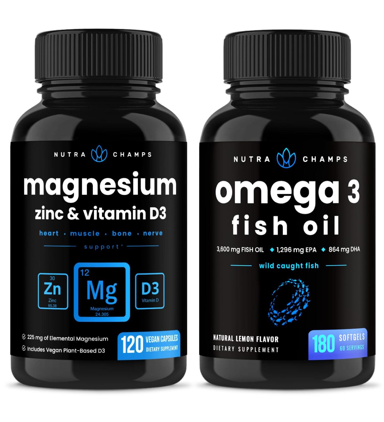 NutraChamps Magnesium Zinc & Vitamin D3 Capsules and Omega 3 Fish Oil Capsules 2 Pack Bundle - Buy Online on GoSupps.com