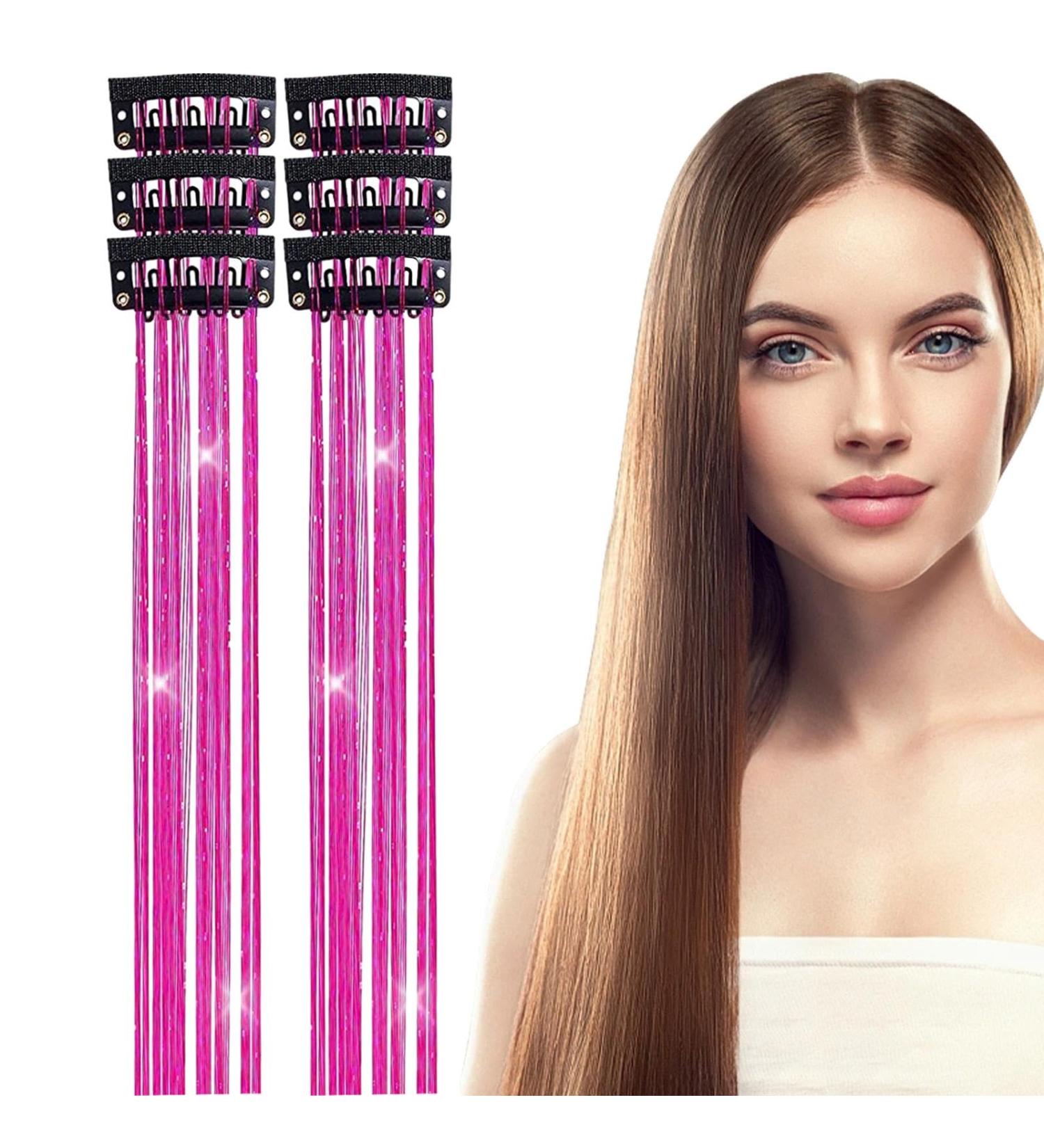Hair Tinsel | 6 Shiny Clip in Hair Tinsel Kit | Colorful Fairy Glitter Hair Tinsel Clip Smooth for Christmas Daily Life Birthday Hot Pink - Buy Online on GoSupps.com