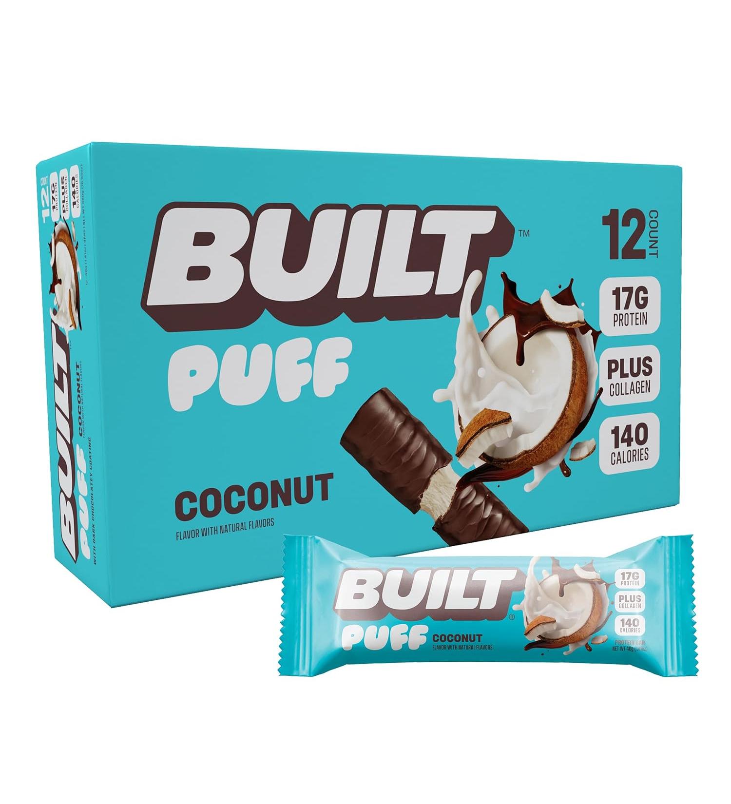 Built Bar 12 Pack: High Protein Energy Bars - Low Carb, Calorie, Sugar - Real Chocolate Coated - Delicious Gluten Free Snack (Coconut Puff) - Buy Online on GoSupps.com