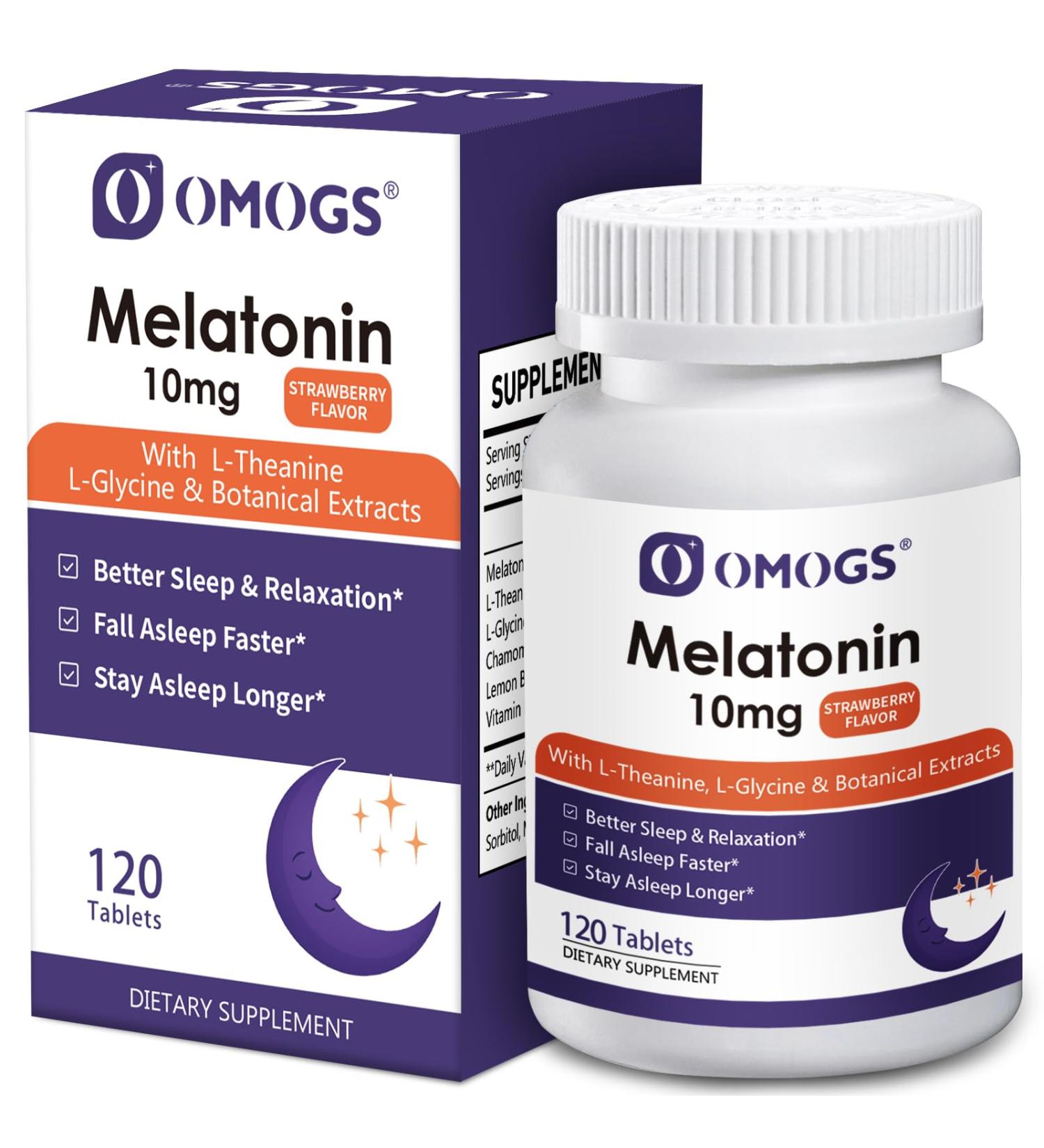 OMOGS Melatonin Sleep Supplements Fast Dissolve Melatonin 10mg Tablets with L-Theanine .L-Glycine & Vitamin Promotes Relaxation & Sleep Health Strawberry Flavor 120-Day Supply. - Buy Online on GoSupps.com
