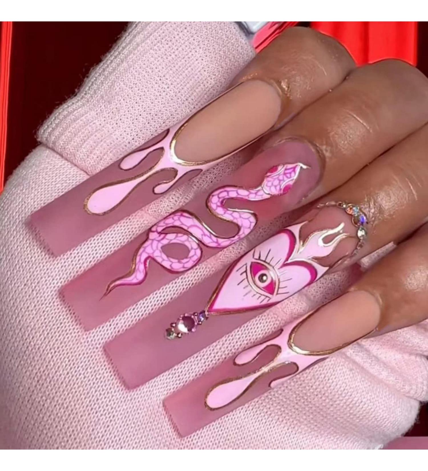 Justotry 24-Piece Diamante Coffin Nails Set - Snake & Pink Matte French Press-On Nails for Women - Ballerina Fake Fingernails - Buy Online on GoSupps.com