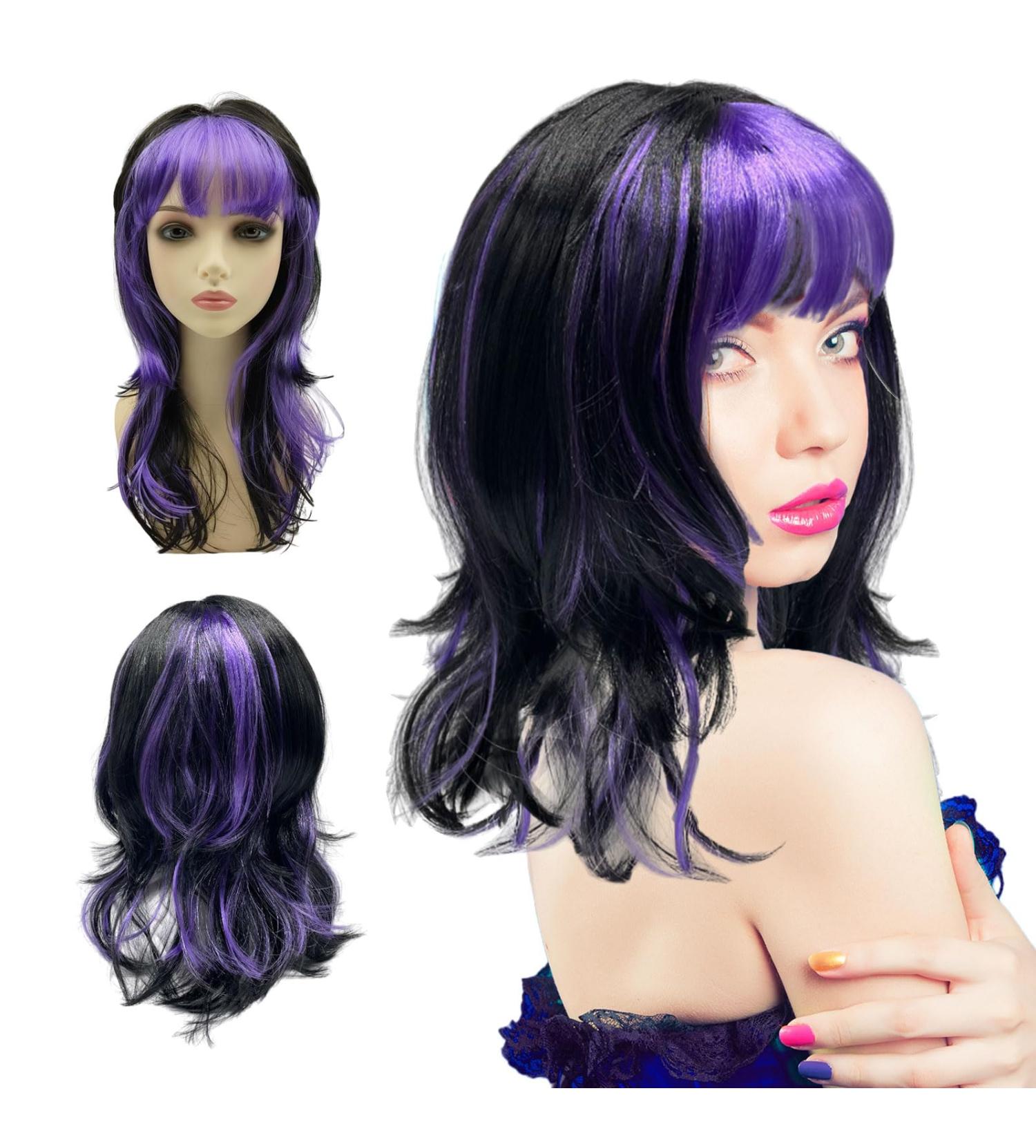 UILYNIU Purple Black Witch Wig Long Wig Curly Wig Women Double Wig Halloween Wig Witch Dress Up Halloween Costume Accessory Witch Costume Accessory Wig for Halloween Masquerade Party (Black-Purple) - Buy Online on GoSupps.com