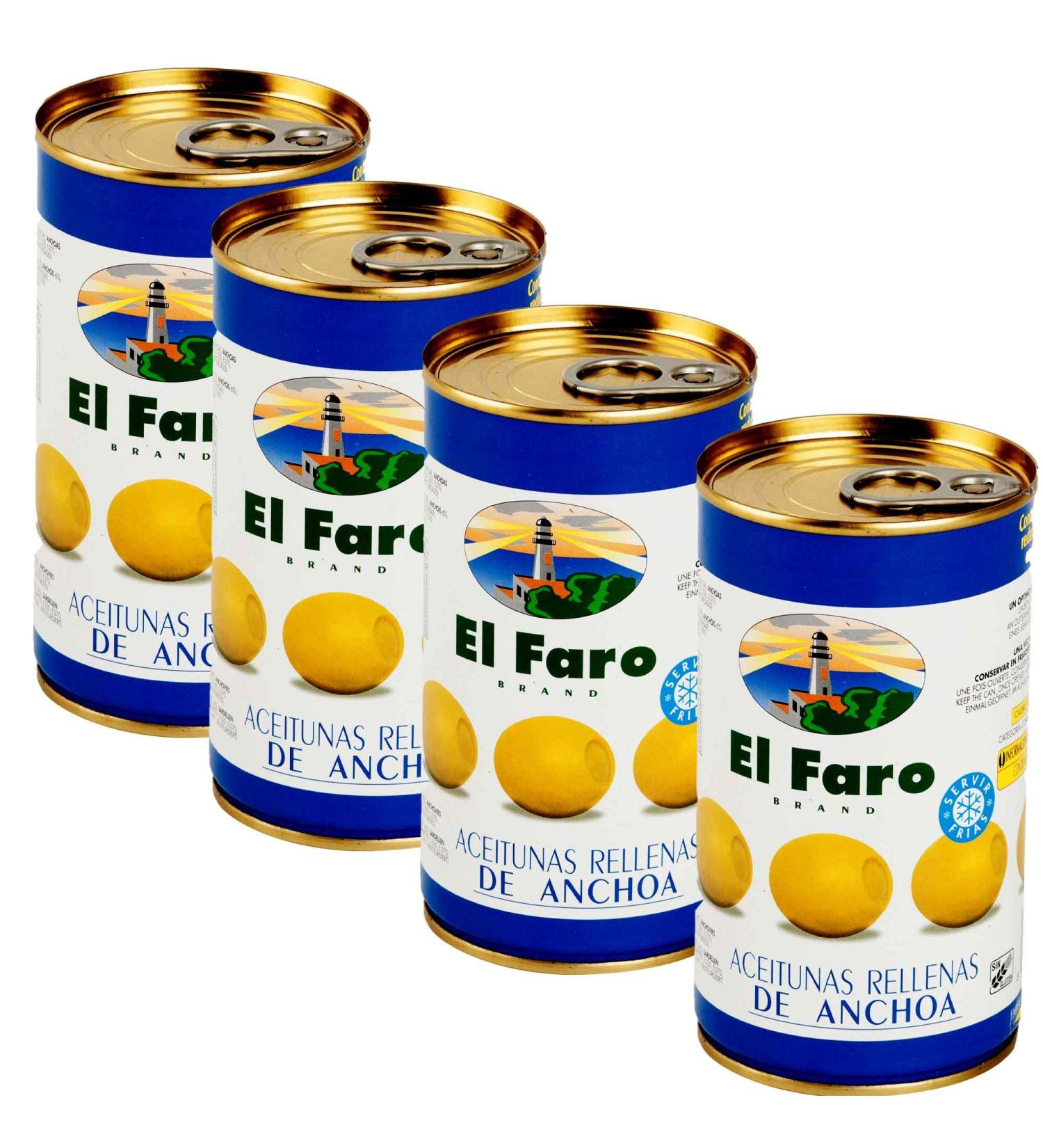 El Faro 4 x350g tins (150 grams drained/tin) Spanish Green Manzanilla Olives Filled With Anchovy - Buy Online on GoSupps.com