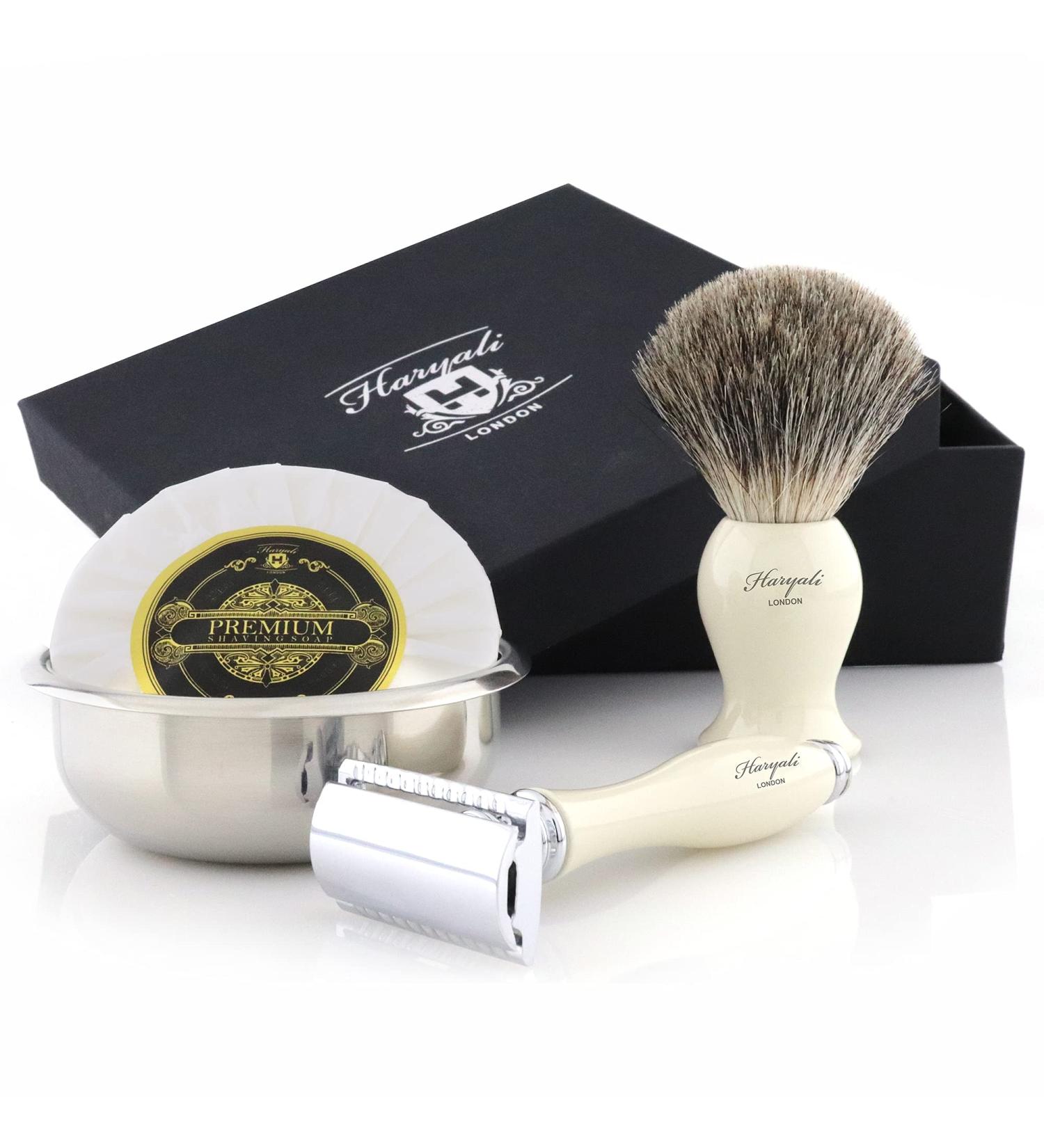 Men's Shaving Set - Black Badger Hair Brush Soap & Bowl Leather Razor Pouch | Perfect Gift for Grooming - Buy Online on GoSupps.com
