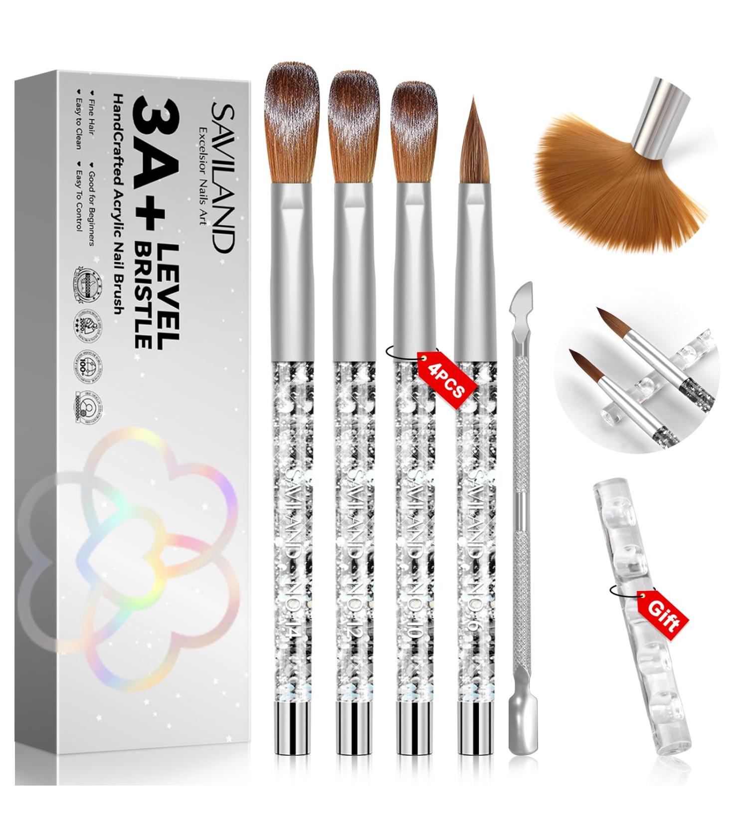 Saviland 4-Piece Acrylic Nail Brush Set with Holder & Cuticle Pusher - Nail Art Tools for Acrylic Powder, Extensions, and Carving | Home DIY and Salon Use - Buy Online on GoSupps.com