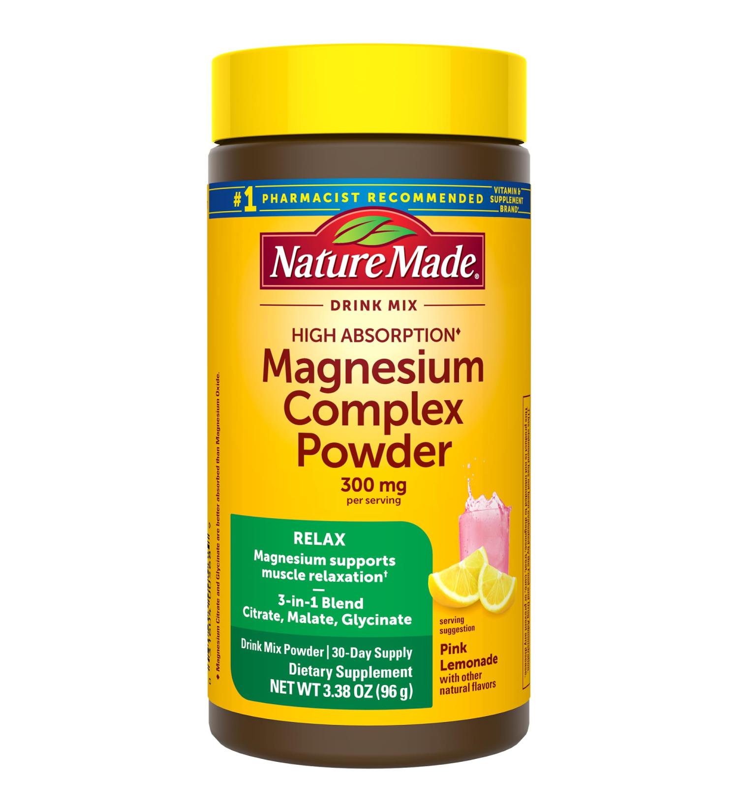 Nature Made High Absorption Magnesium Complex Drink Mix Powder Magnesium Citrate Glycinate & Malate 3-in-1 Blend Pink Lemonade Flavor 96 g 30 Day Supply - Buy Online on GoSupps.com