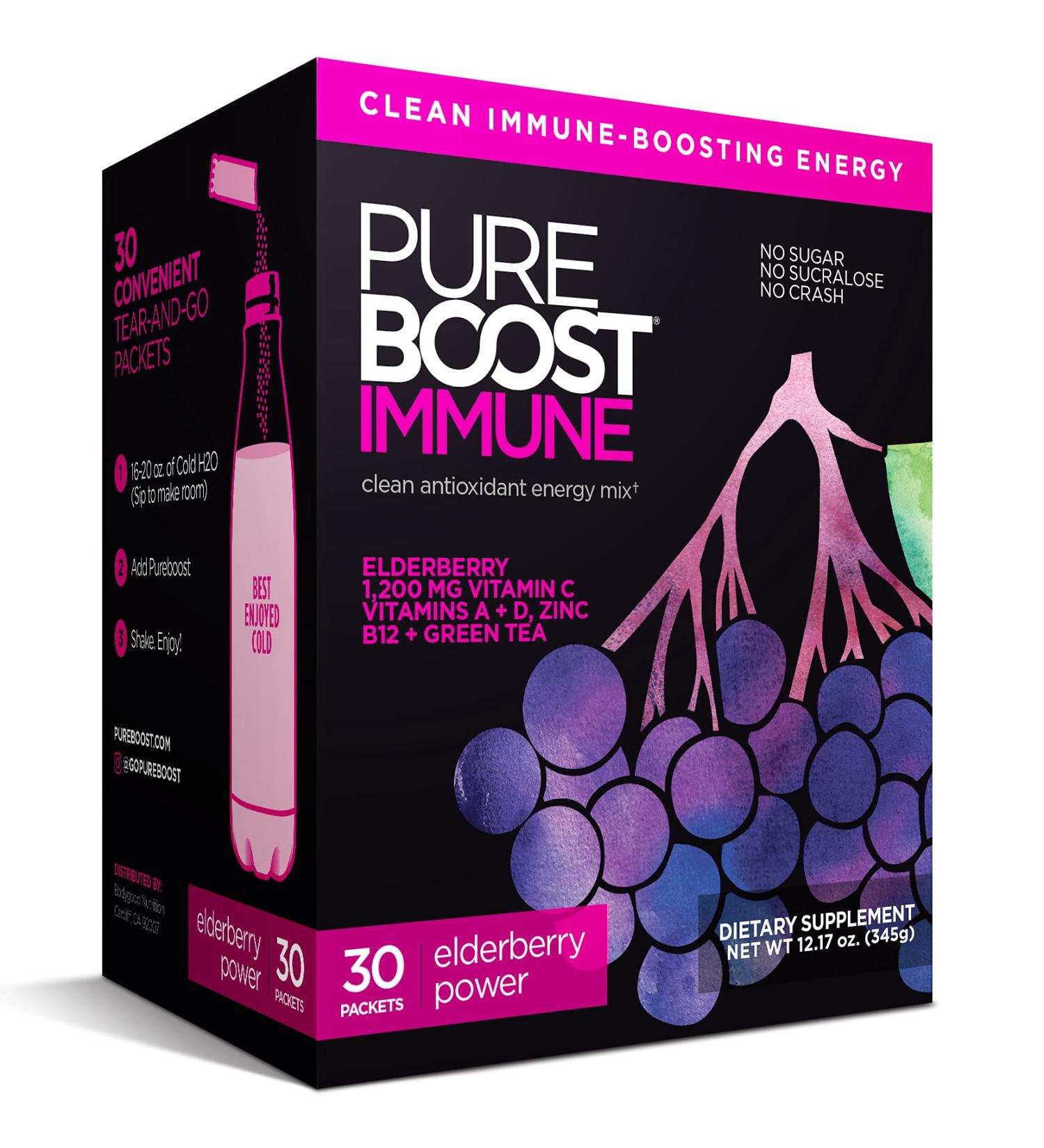 Pureboost Immune Clean Energy Drink Mix with Elderberry 1200mg Vitamin C & Zinc - 30 Count - Buy Online on GoSupps.com