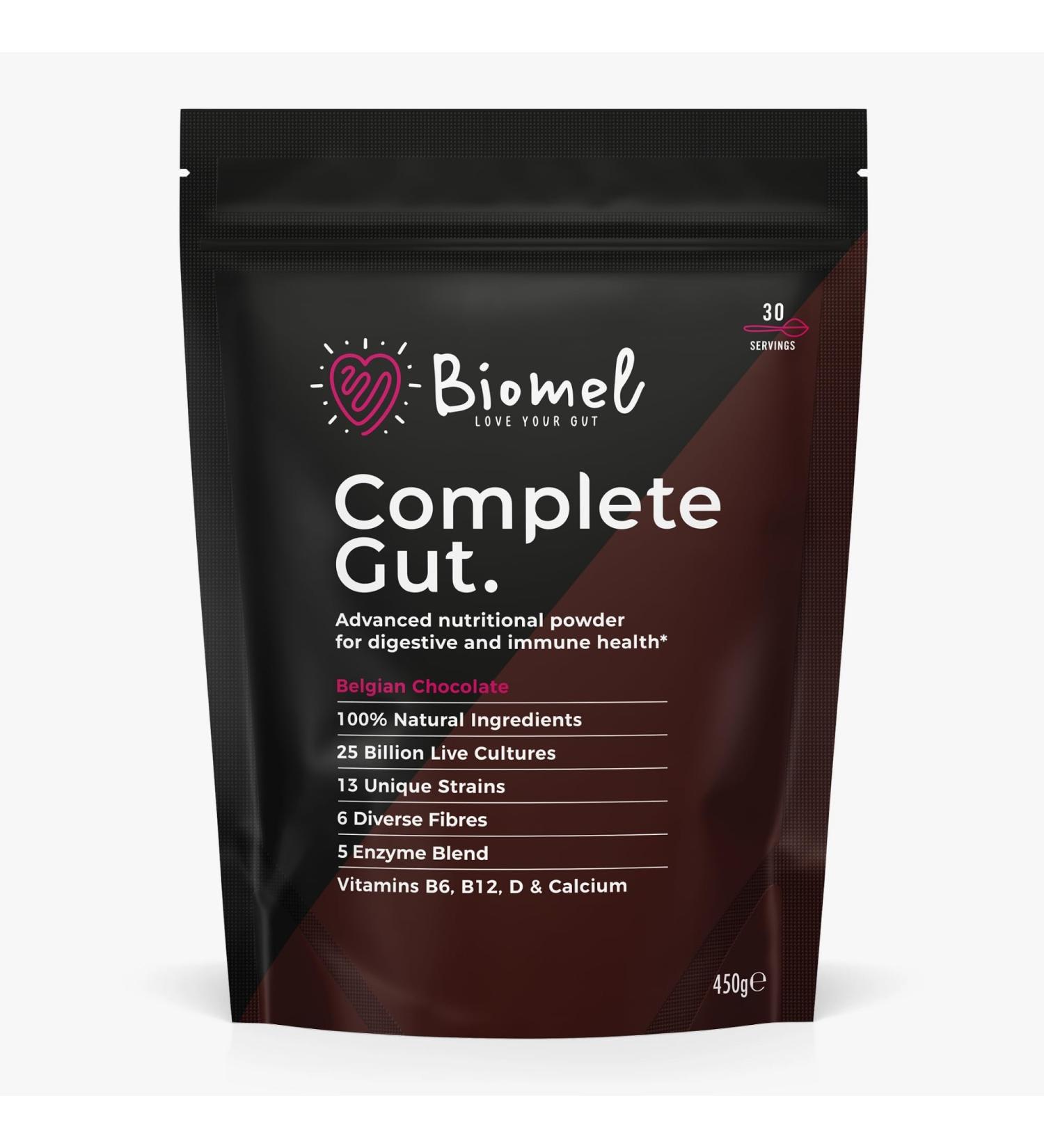 Biomel Complete Gut - Belgian Chocolate - Advanced Gut Health - 450g/30 Servings - Vegan Friendly - Gluten Free - Delicious & Effective - Buy Online on GoSupps.com