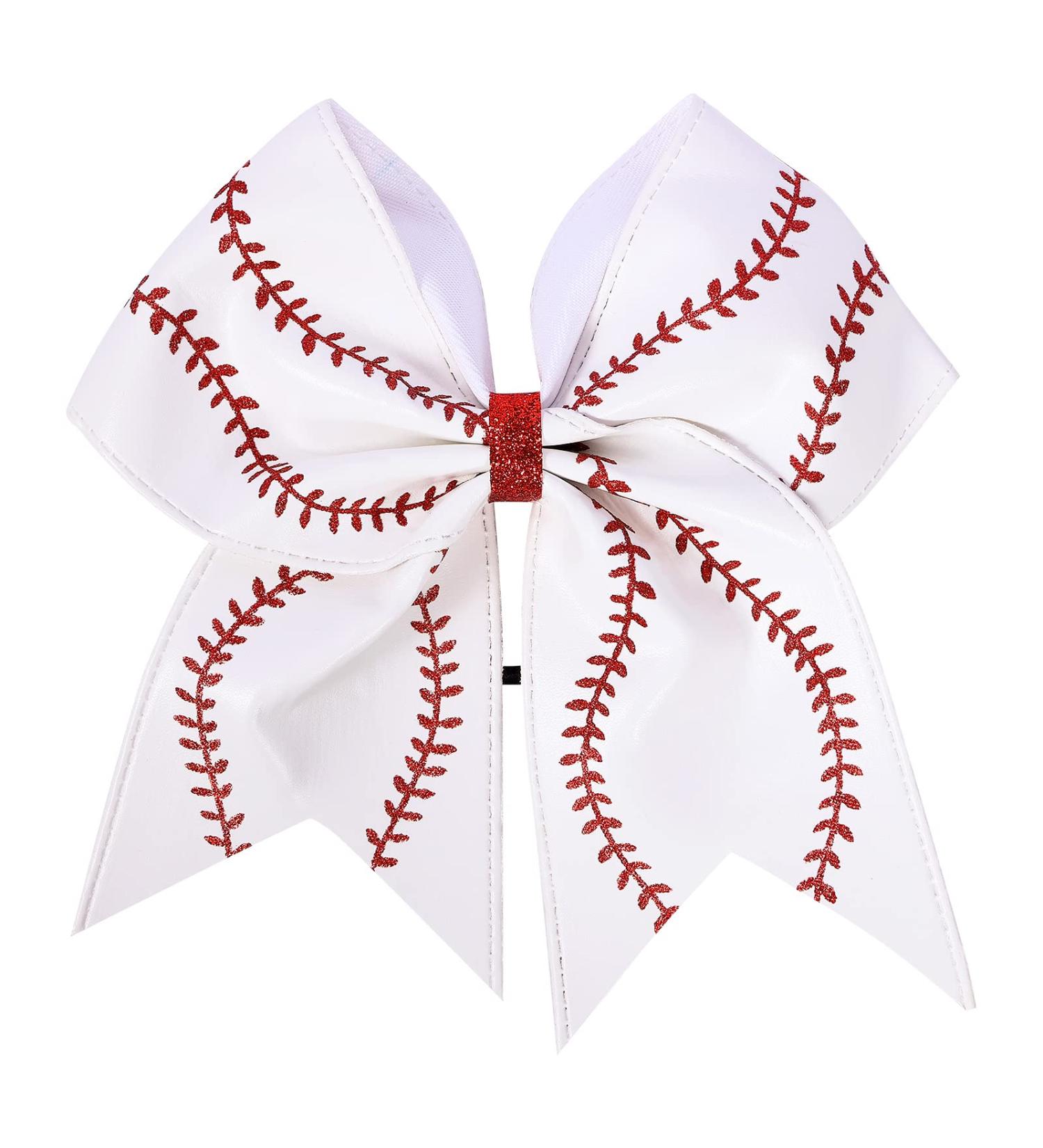 Softball Glitter Leather Cheer Bow - White | Elastic Hair Tie for Cheerleaders & Sports Players - Buy Online on GoSupps.com
