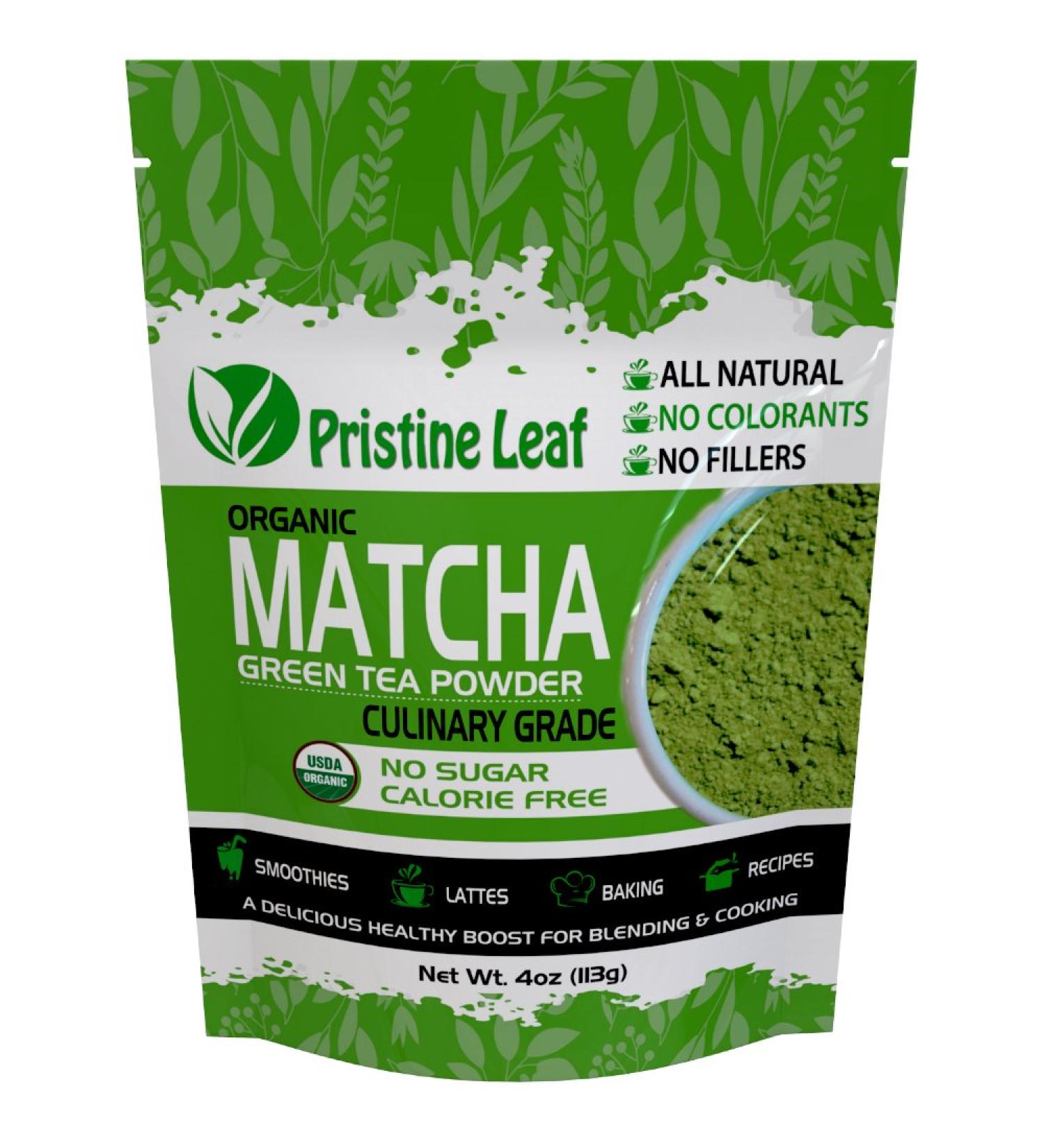 Pristine Leaf | Organic Matcha Green Tea Powder | Culinary Grade 4oz / 113grams | Great for Smoothies Latte Recipes Baking Cooking | Vegan | Calorie Free | Sugar Free | No Additives | USDA Organic - Buy Online on GoSupps.com