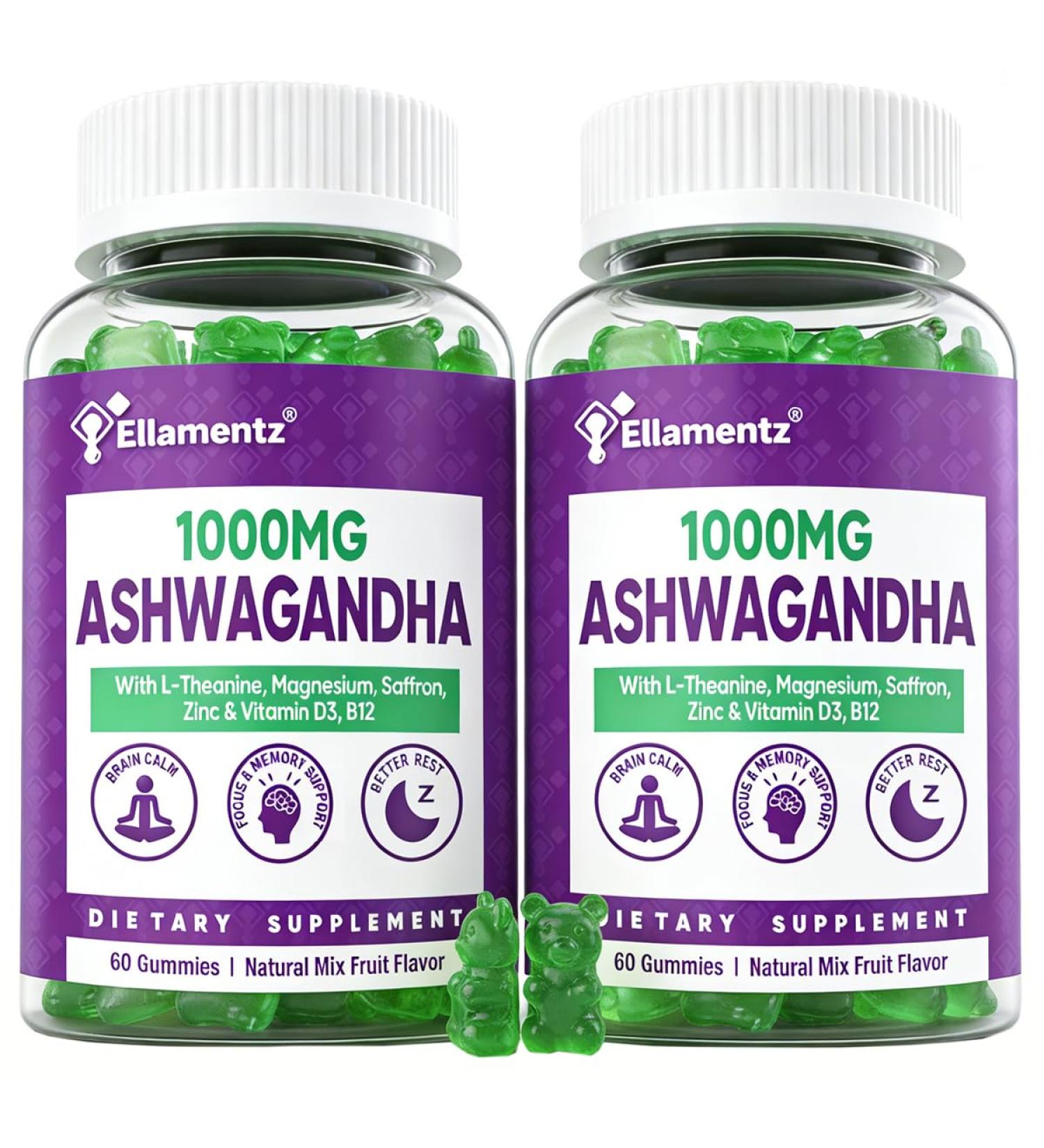 ELLAMENTZ Ashwagandha Gummies 1000mg with L-Theanine & Magnesium - Natural Calm Gummies with Vitamin D3 B12 & Zinc Support Relaxation Daily Mo d Balance Night Rest Sugar Free 120 Counts - Buy Online on GoSupps.com