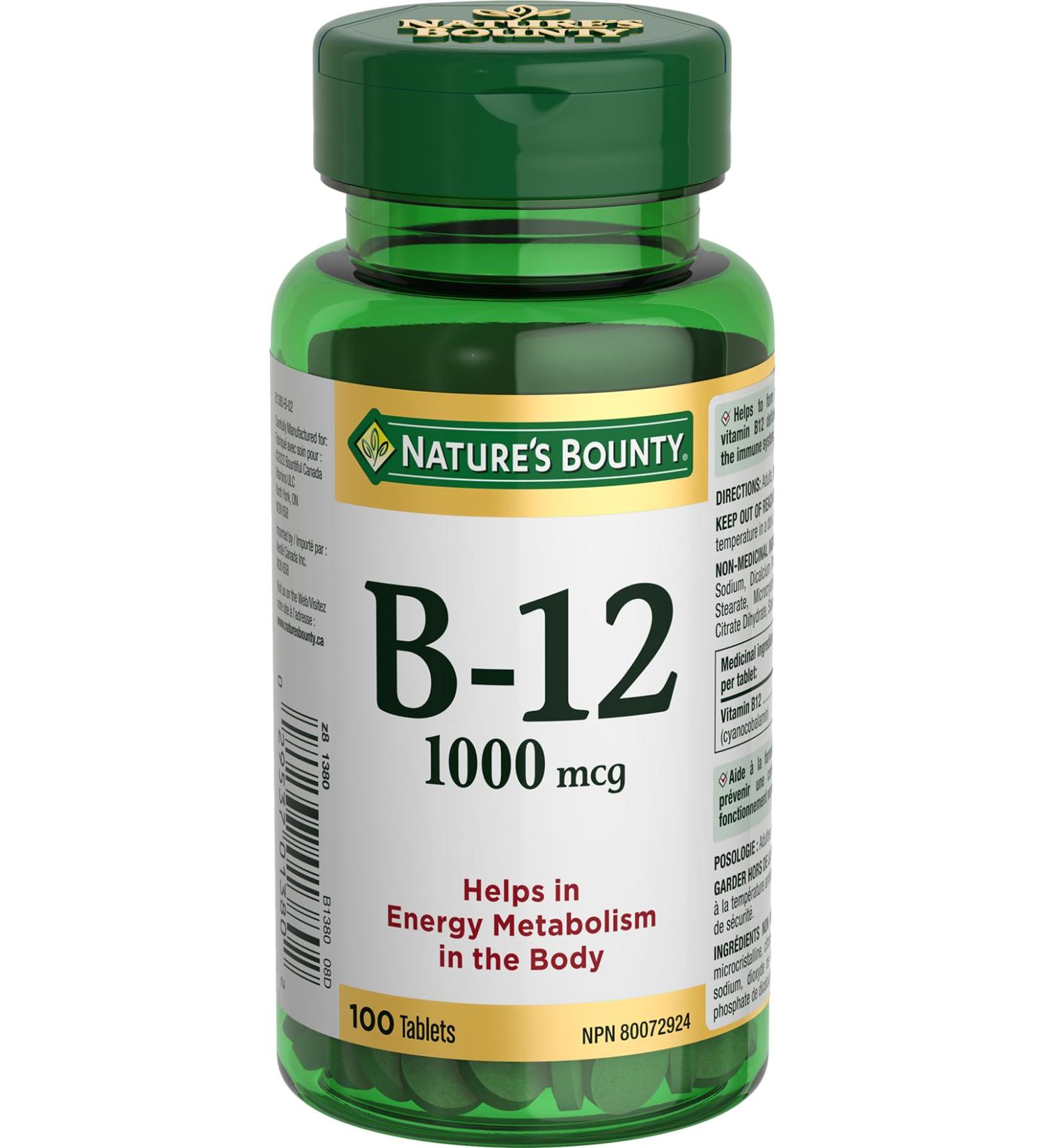 Nature's Bounty Vitamin B12 1000mcg 100 Tablets Helps the Body Metabolize Carbohydrates Fats and Proteins Helps in Normal Immune System Function and to Metabolize Energy Multi-colored (Packaging May Vary) - Buy Online on GoSupps.com