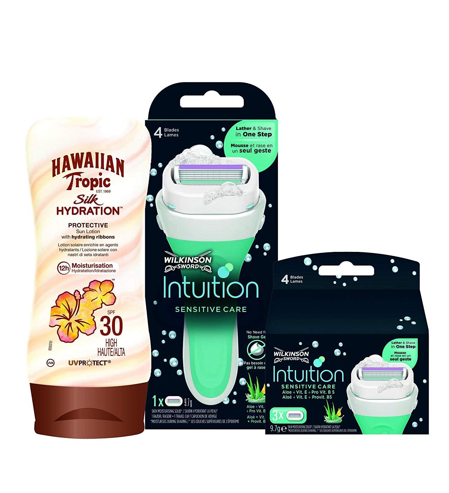 Buy Wilkinson Sword Intuition Sensitive Care Razor for Women - Includes 3 Blade Refills & Hawaiian Tropic SPF30 Silk Hydration - International Shipping Available - Buy Online on GoSupps.com