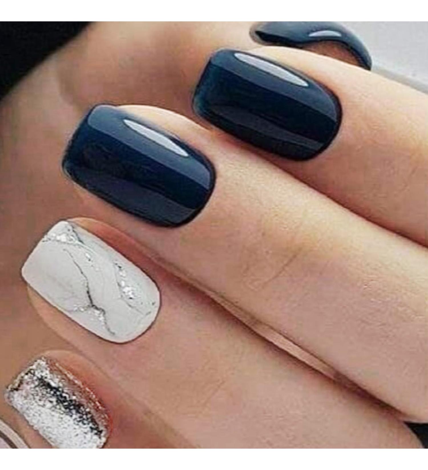 Mrcuvaryas Short Marble French Press On Nails - Elegant Glossy Self-Adhesive Nail Tips for Women & Girls | 24 Multi-Colored Artificial Nails - Buy Online on GoSupps.com