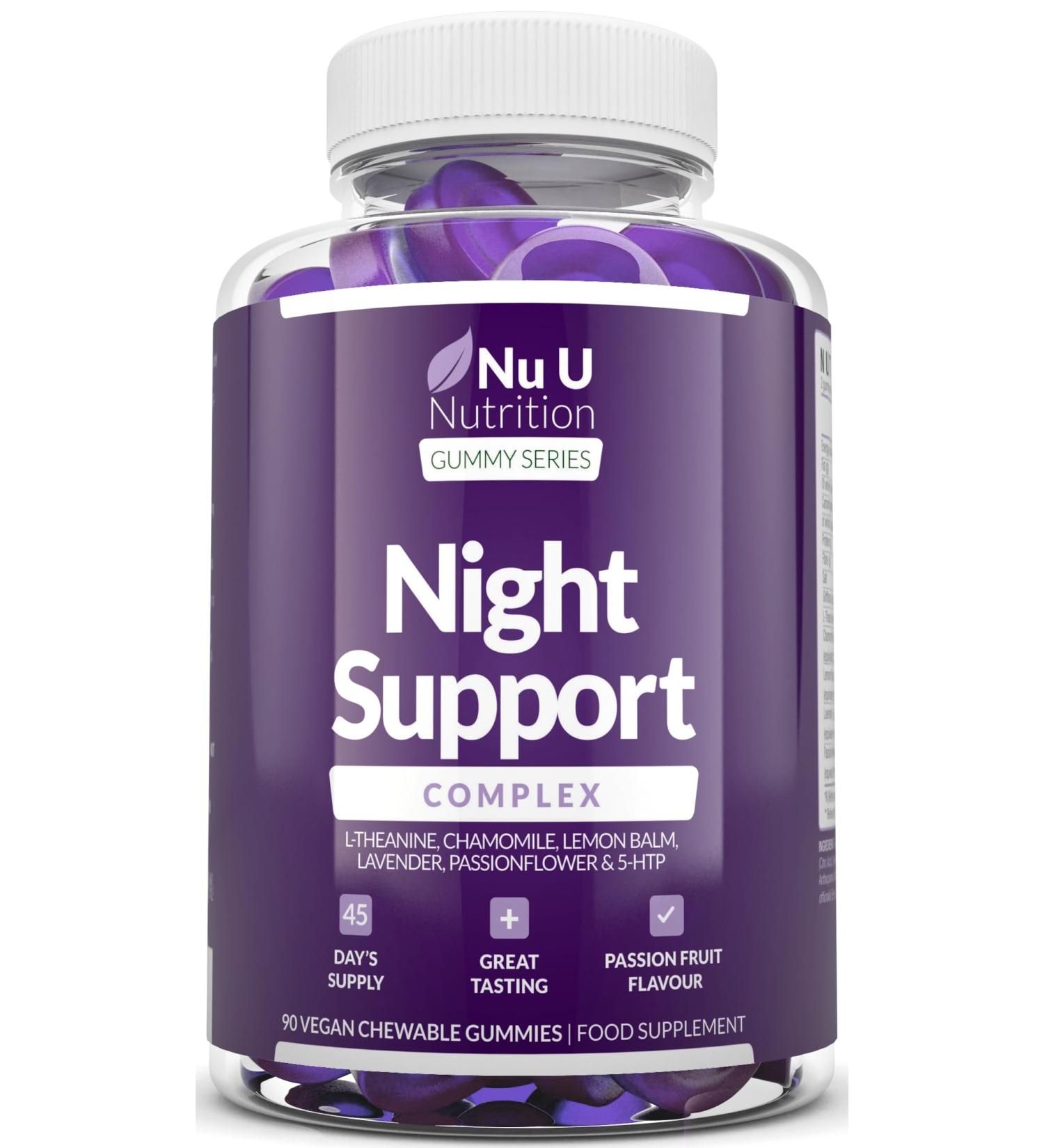 Nu U Nutrition Night Support Sleep Gummies - 90 Vegan Gummies with Griffonia Simplicifolia, L-Theanine, Lavender, Lemon Balm & Chamomile - Passionfruit Flavour - Melatonin Alternative for Adults - Buy Online on GoSupps.com