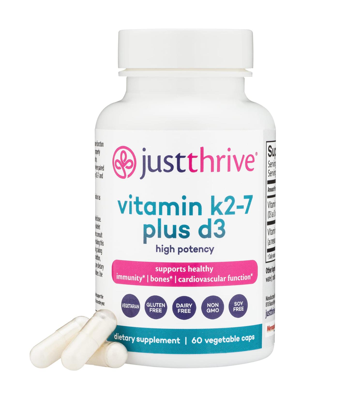 Just Thrive Vitamin K2-7 + D3 Supplement - 60 Vegetable Capsules for Immune, Heart, and Bone Health - Buy Online on GoSupps.com