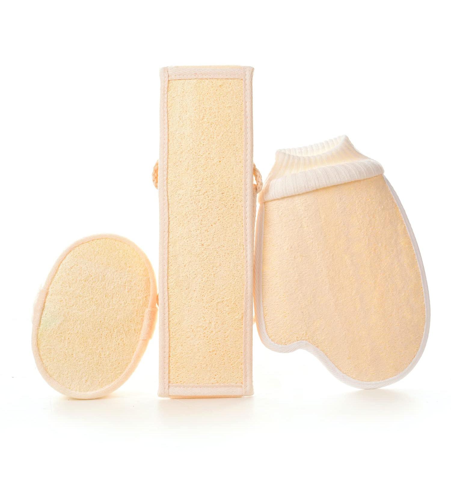 3 Pack Natural Loofah Exfoliating Sponge Set - Eco-Friendly & Biodegradable Shower Luffa Sponge with Hand Strap, Exfoliating Glove, and Back Scrubber - Buy Online on GoSupps.com
