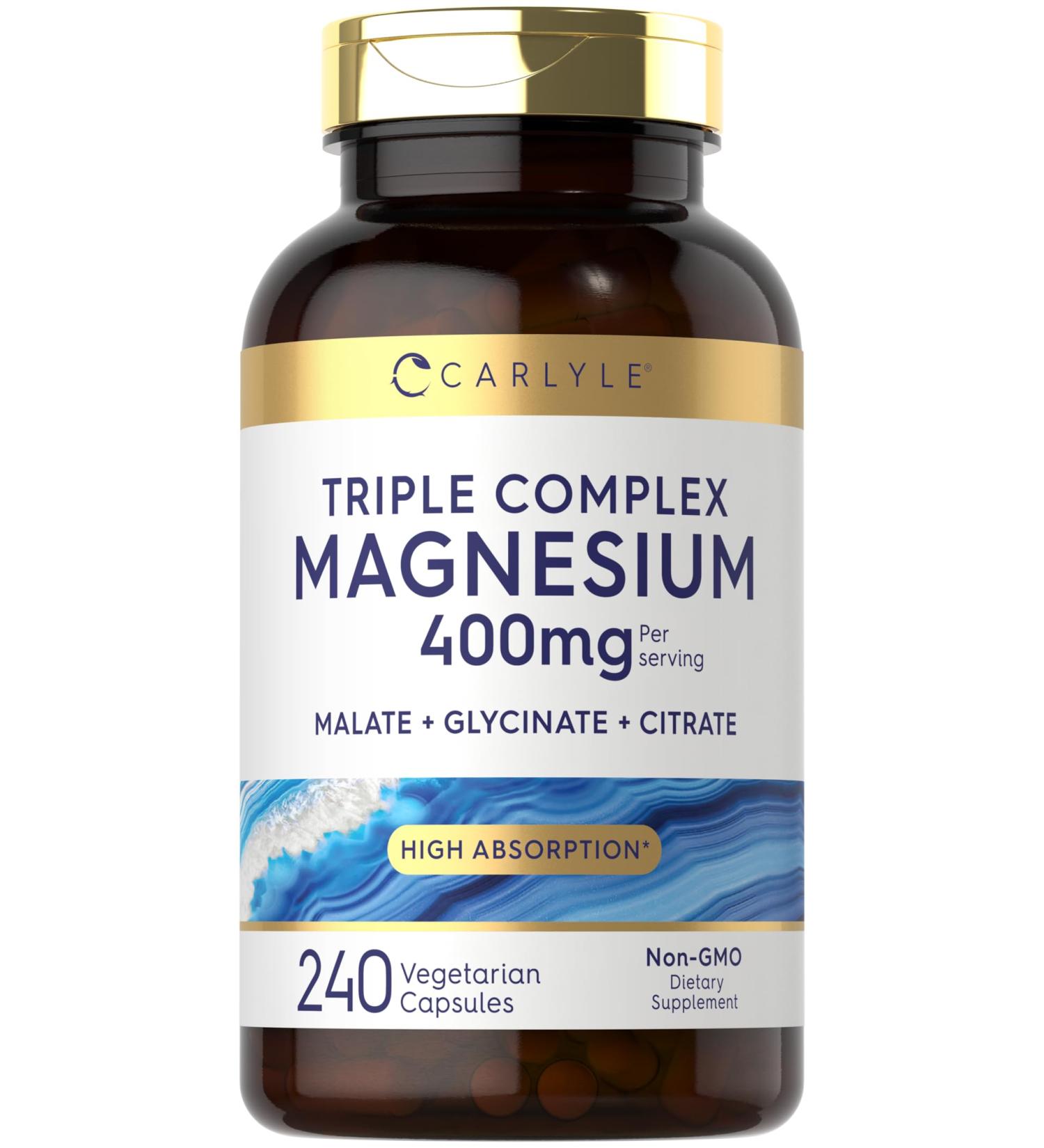 Carlyle Triple Magnesium Complex | 400 mg | 240 Capsules | Magnesium Malate Glycinate & Citrate | Vegetarian Non-GMO and Gluten Free Supplement - Buy Online on GoSupps.com