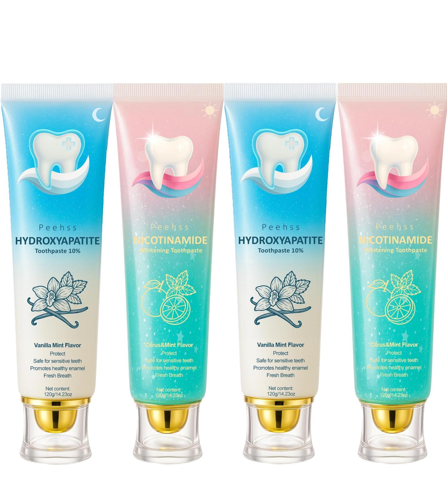 Hydroxyapatite Toothpaste Set (10% n-HAp) - Day & Night Oral Care with Niacinamide for Enamel Repair Whitening & Sensitivity Relief - Fluoride Free Vanilla & Citrus Mint 4PCS (4) - Buy Online on GoSupps.com