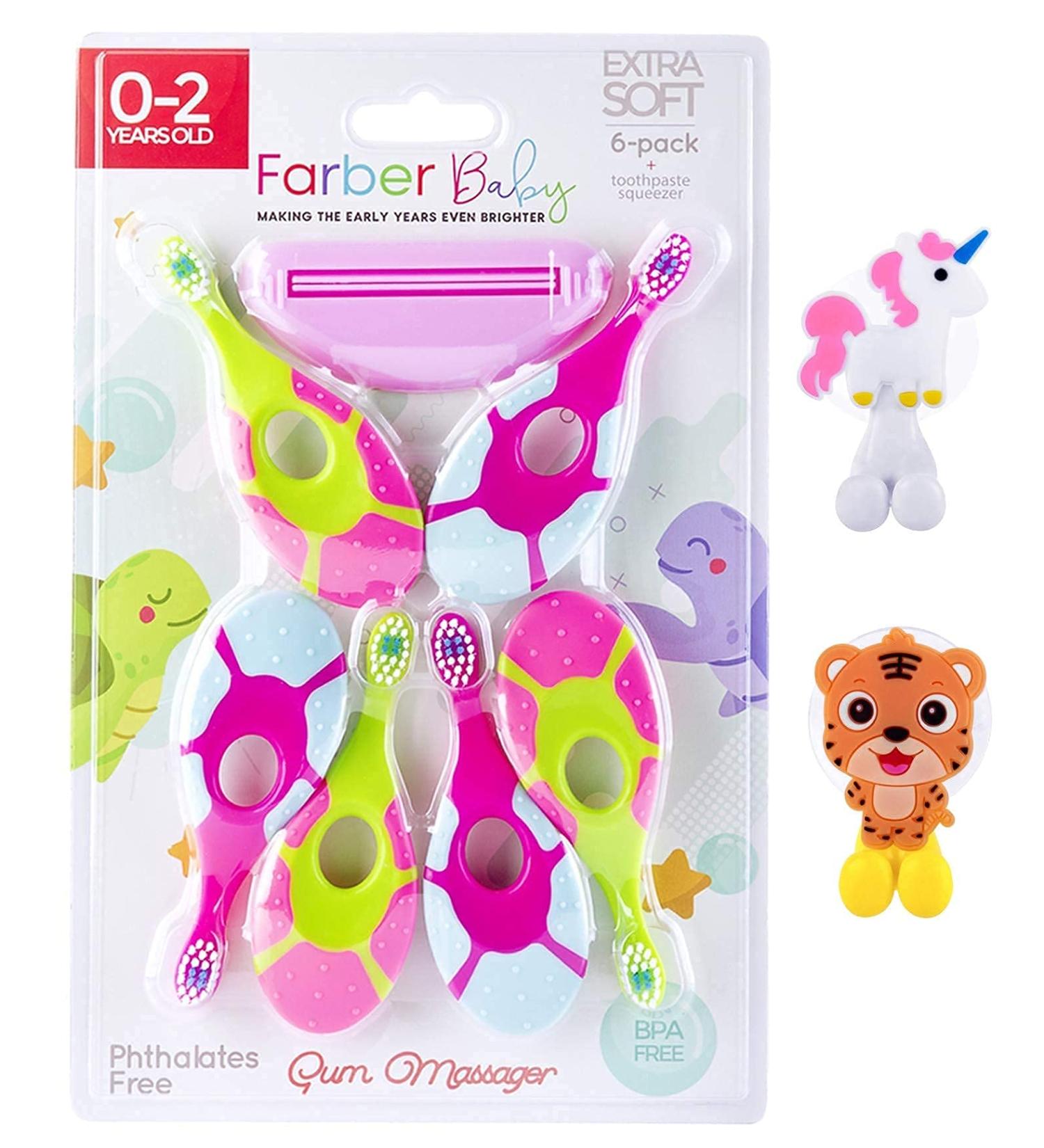 Farber Baby Toddler Toothbrushes Set  Infant Toothbrush 6 Pack with Compact  Soft Bristles and Easy Grip Handle Includes 2 Suction Cup Toothbrush Holders and Toothpaste Squeezer (Pink) 9 Pack - Pink - Buy Online on GoSupps.com