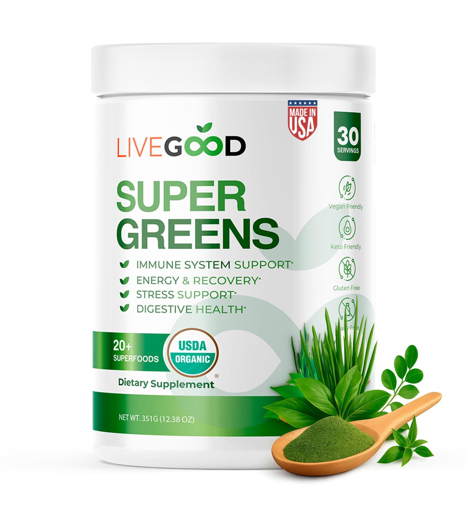 LIVEGOOD Super Greens Powder Organic Superfood with Wheat Grass Powder Daily Superfood Powder for Immune Support Energy and Detox Green Juice Powder Supplement (30 Servings) - Buy Online on GoSupps.com