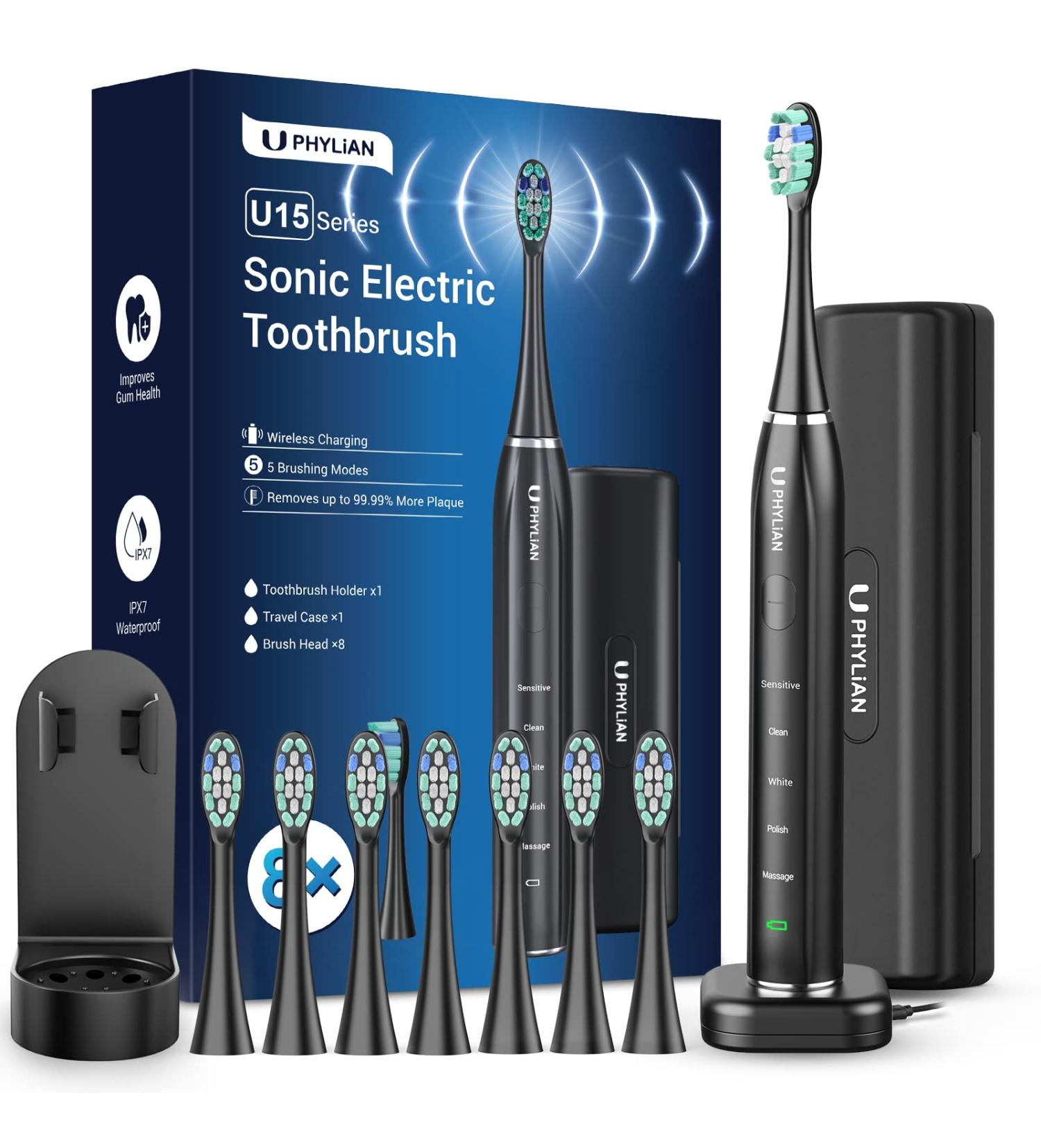 Sonic Electric Toothbrush for Adults & Kids - 8 Heads Wireless Charging Travel Case | Phylian H15 Sound Toothbrush - Buy Online on GoSupps.com