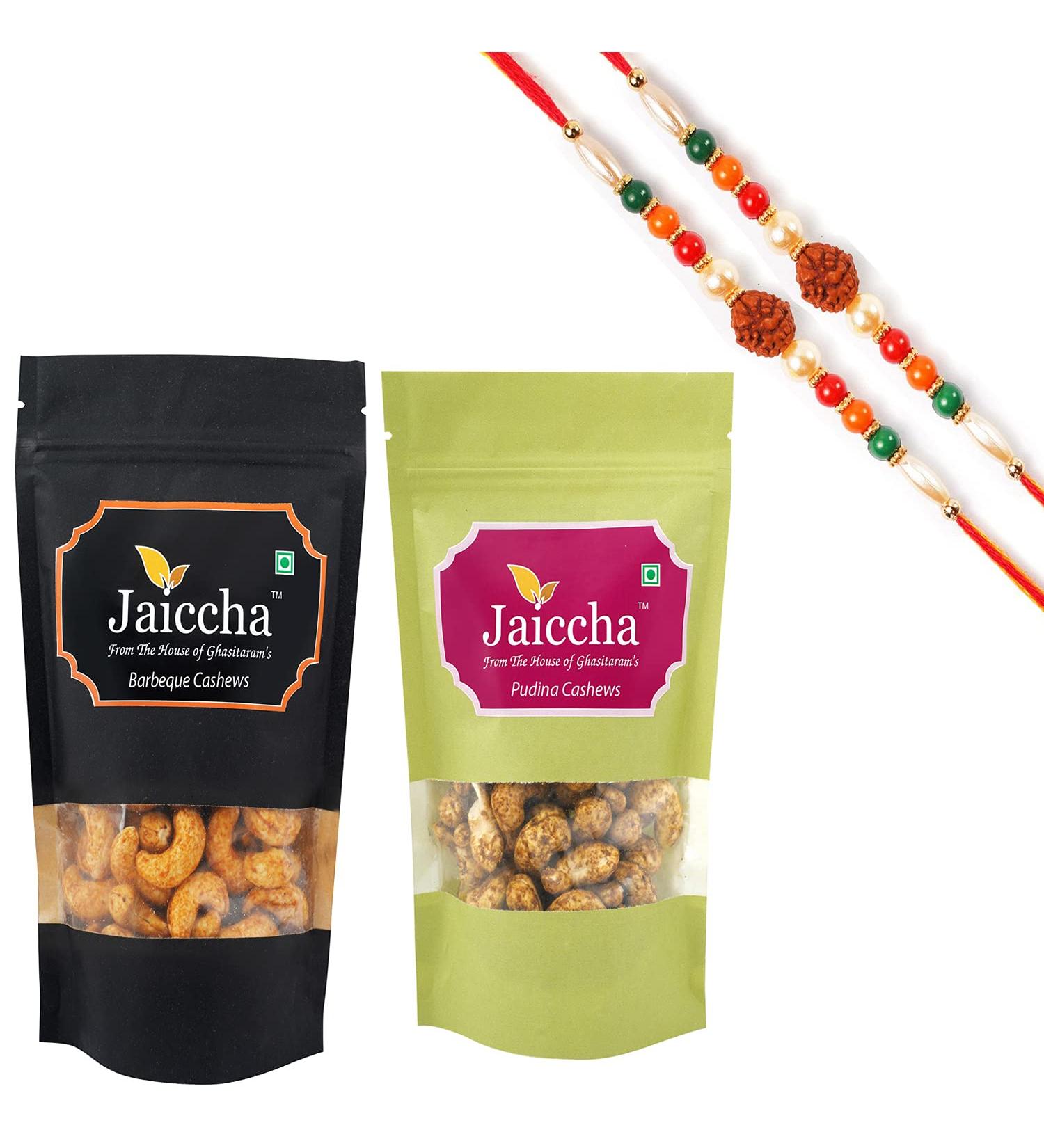 Jaiccha Ghasitaram Rakhi Gifts for Brothers Rakhi Dryfruits - Pack of 2 Pudina Barbeque Cashews Pouches Small 200 GMS with 2 Rudraksh rakhis - Buy Online on GoSupps.com
