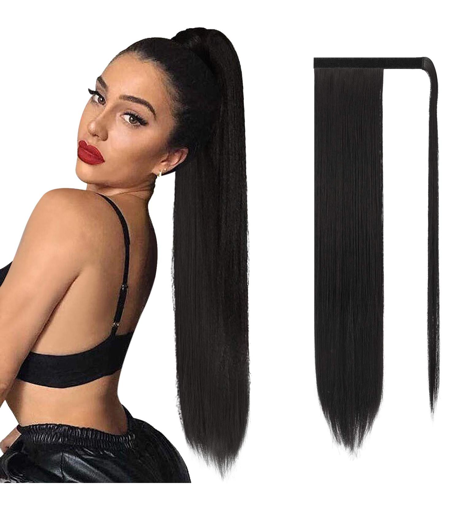 Sofeiyan Long Black Ponytail Hair Extension - 70cm Clip-In Smooth Synthetic Hair - Realistic Wrap Around Ponytail for Women - Buy Online on GoSupps.com