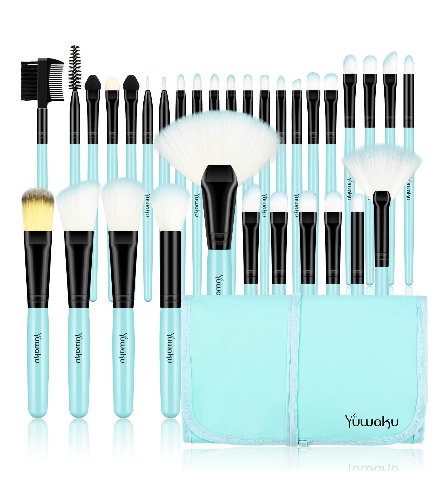 32pcs Makeup Brush Set - Professional Cosmetic Brushes for Foundation Eyeshadow & Lips with Stylish Blue Nylon Case - Buy Online on GoSupps.com