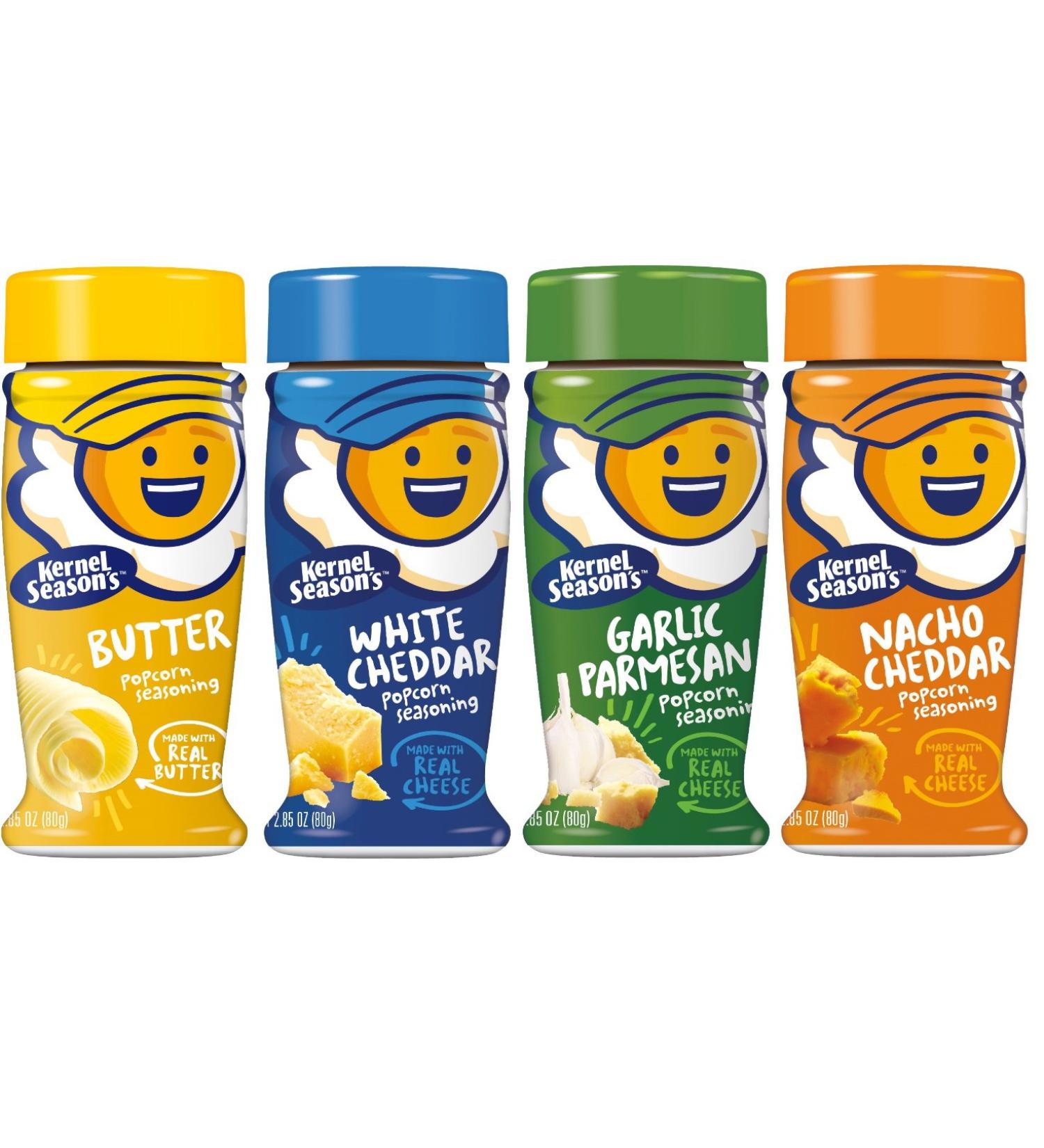 Kernel Seasons 4 Pack Seasoning Kit (Butter,Garlic Parmesan,White Cheddar,Nacho Cheddar)