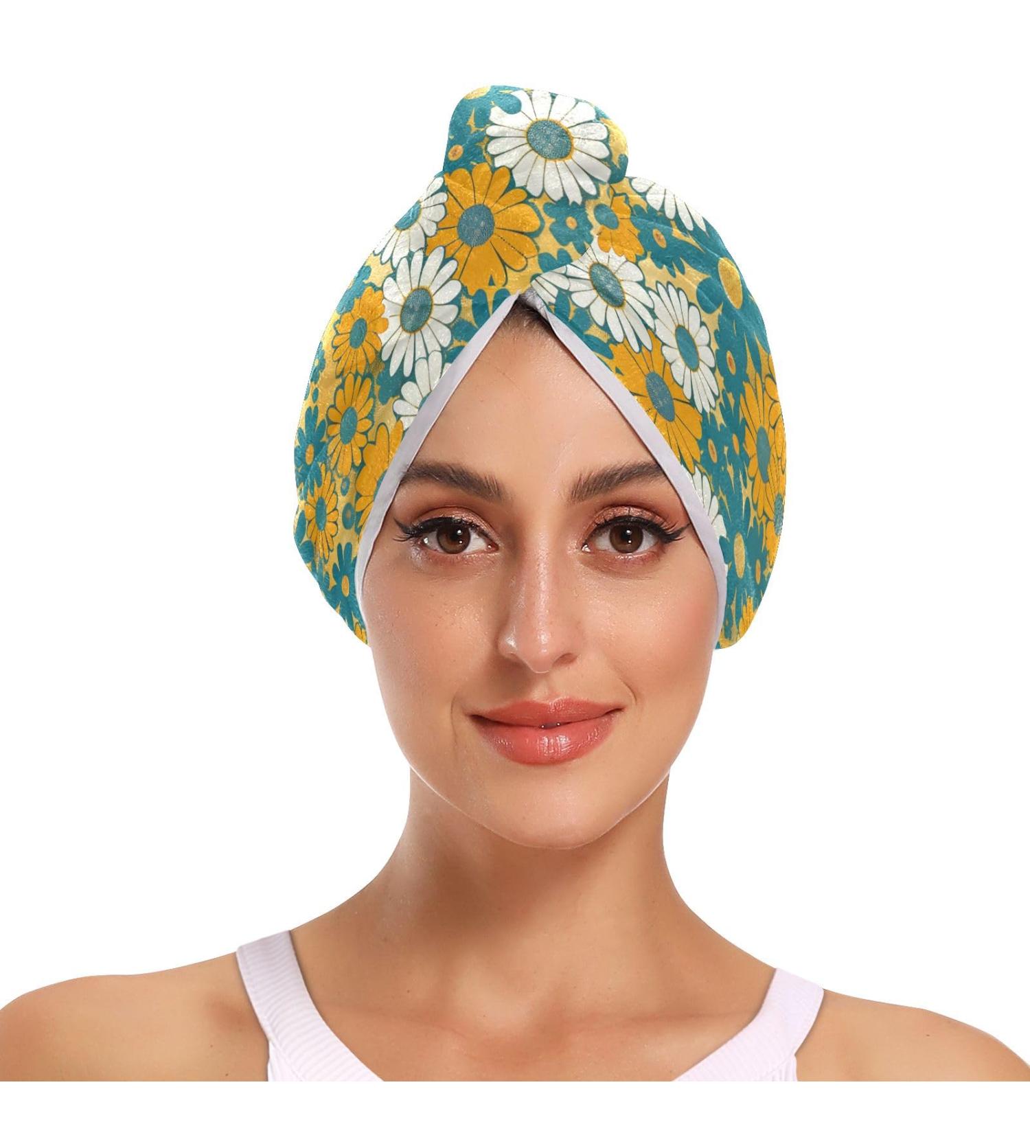Super Absorbent Blue Yellow White Daisy Flower Hair Towel 2 Pack - Quick Dry Hair Turbans for Women & Girls - Buy Online on GoSupps.com