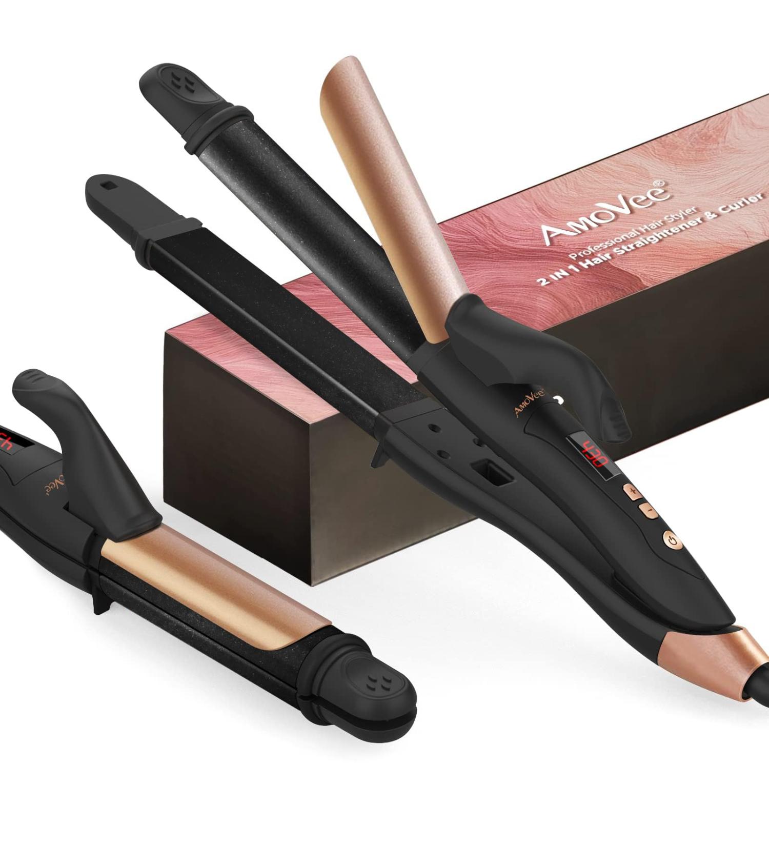 AmoVee 2-in-1 Travel Curling Iron & Hair Straightener - 1.25 Inch Ceramic Tourmaline Dual Voltage Adjustable Temp Rose Gold - Buy Online on GoSupps.com