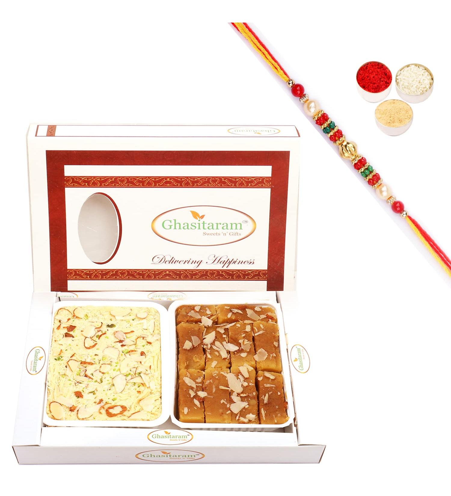 Ghasitaram Gifts Rakhi Gifts for Brothers Rakhi Sweets - Mysore Pak and Soan Papdi Hamper with Pearl Beads Rakhi Mysore Pak and Soan Papdi Hamper with Rakhi - Buy Online on GoSupps.com