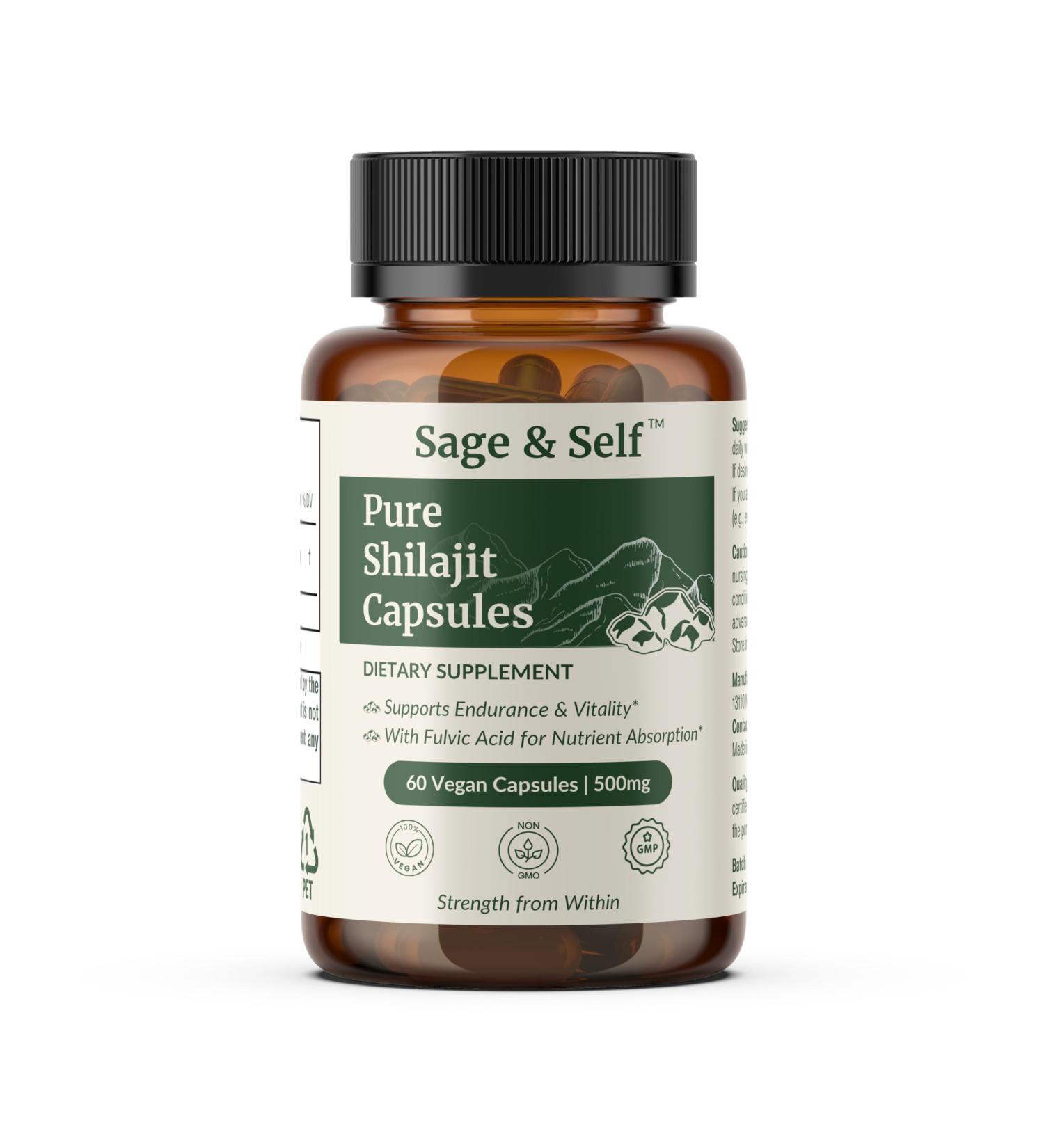 Sage & Self Pure Shilajit Capsules Purified Shilajit Extract (40% Fulvic Acid) 500 mg Per Capsule Vegan Herbal Supplement (60 Capsules) - Buy Online on GoSupps.com