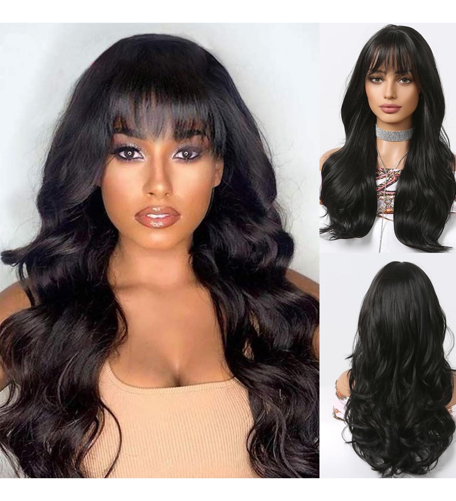 Shop Natural Long Black Wigs for Black Women - Curly Brunette Heat-Resistant with Bangs - Buy Online on GoSupps.com