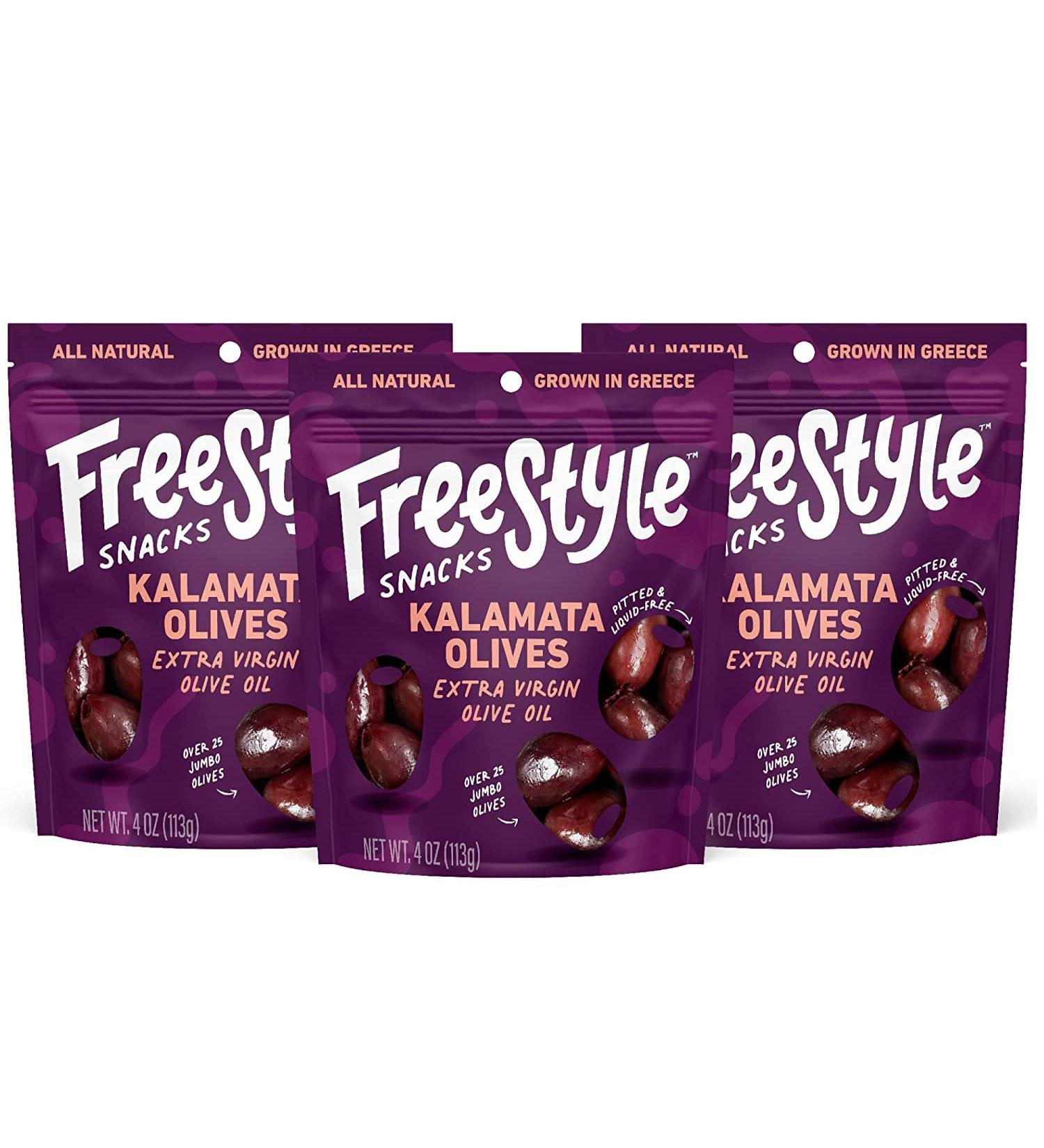 Freestyle Snacks Olive Snack Packs - Fresh Pitted Kalamata Olives Marinated in Extra Virgin Olive Oil - All Natural, Non-GMO, Paleo, Keto Snacks from Greece - Salty 4oz (3 Pack) - Buy Online on GoSupps.com