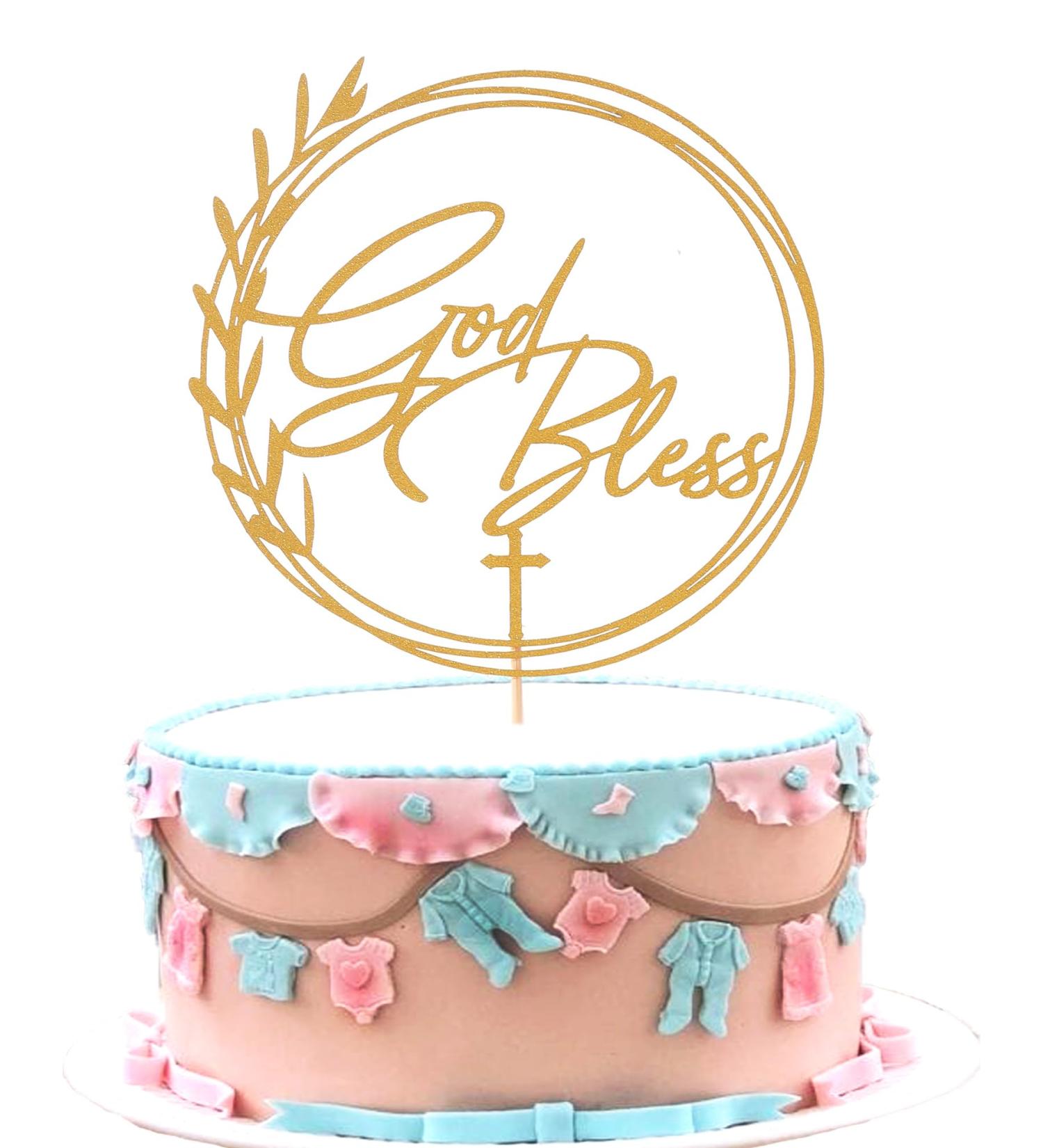 Golden Glitter God Bless Cake Topper - First Communion Cake Decoration Wreath Baptism cake topper Religious Party Cake Decoration - Buy Online on GoSupps.com
